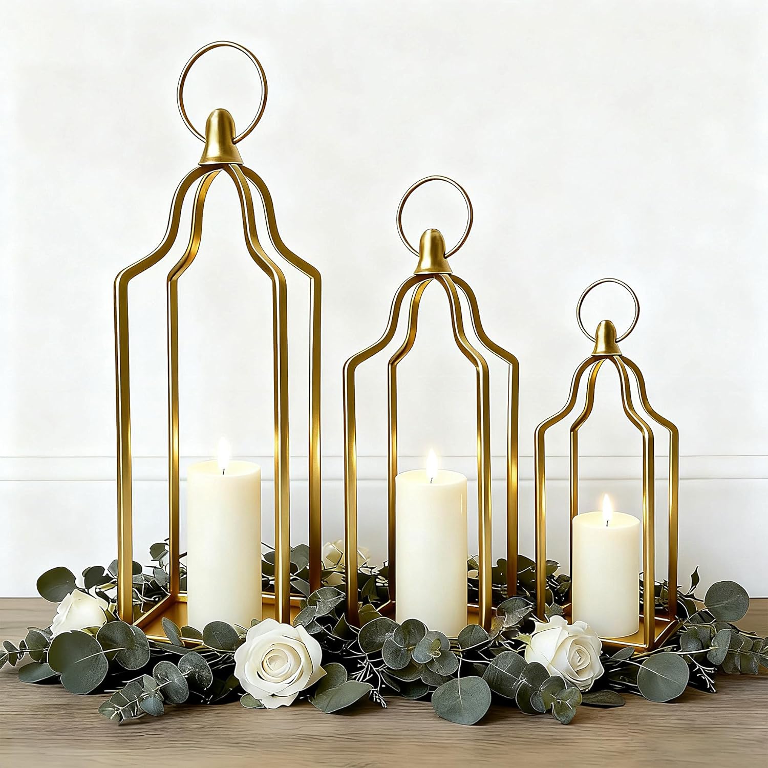 Rustic Farmhouse Decor Metal Lantern Set of 3 Decorative Lanterns for Home Indoor Outdoor Living Room, Fireplace, Patio, Wedding & Kitchen Table Centerpieces (Gold, 16.9"+14.5"+12.2")