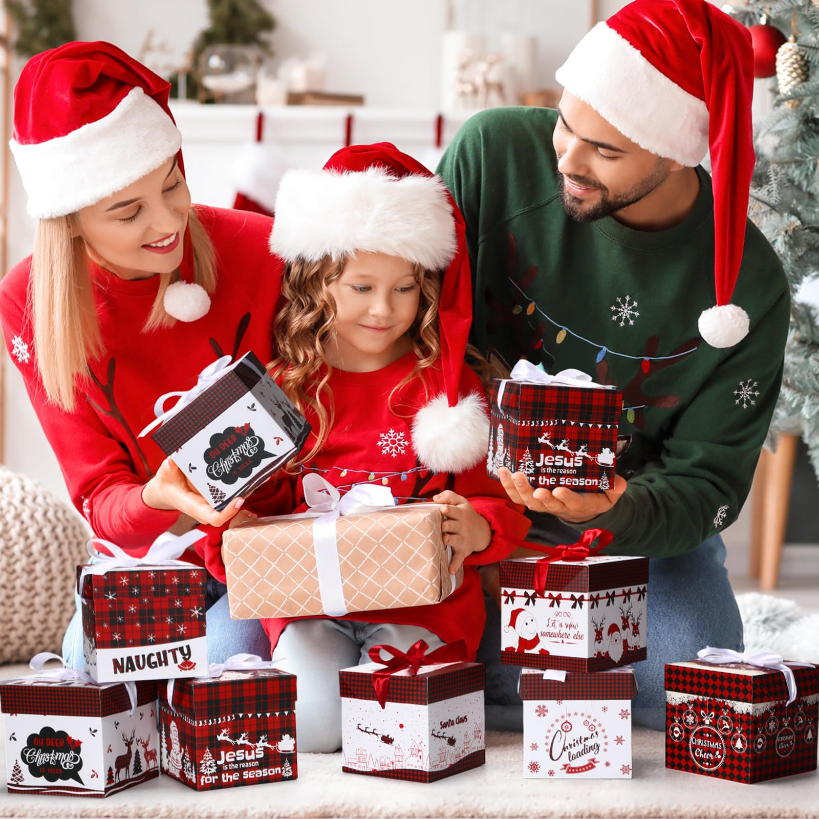 Cholemy 36 cajas de regalo de Navidad con tapas, pequeñas cajas cuadradas con lazo de cinta, cajas de Navidad de 4 x 4 x 4 pulgadas, cajas de regalo para fiestas de Navidad, embalaje de regalos, 12