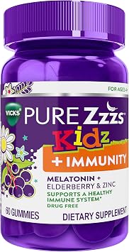 VICKS Pure Zzzs Kidz + Immunity, Kids Melatonin Gummy, Sleep Aid, Low Dose Melatonin for Kids, Zinc for Immune Support, Melatonin 1 mg, Melatonin Gummies Kids, Berry Flavor, 60 Sleep Gummies