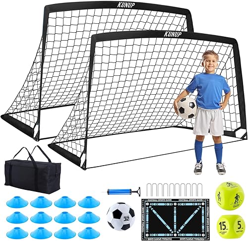 2 Set Kids Soccer Goals for Backyard with Training Equipment, Portable Foldable Practice Nets with Ball, Dice & Mat, Cones, Air Pump and Carry Bag