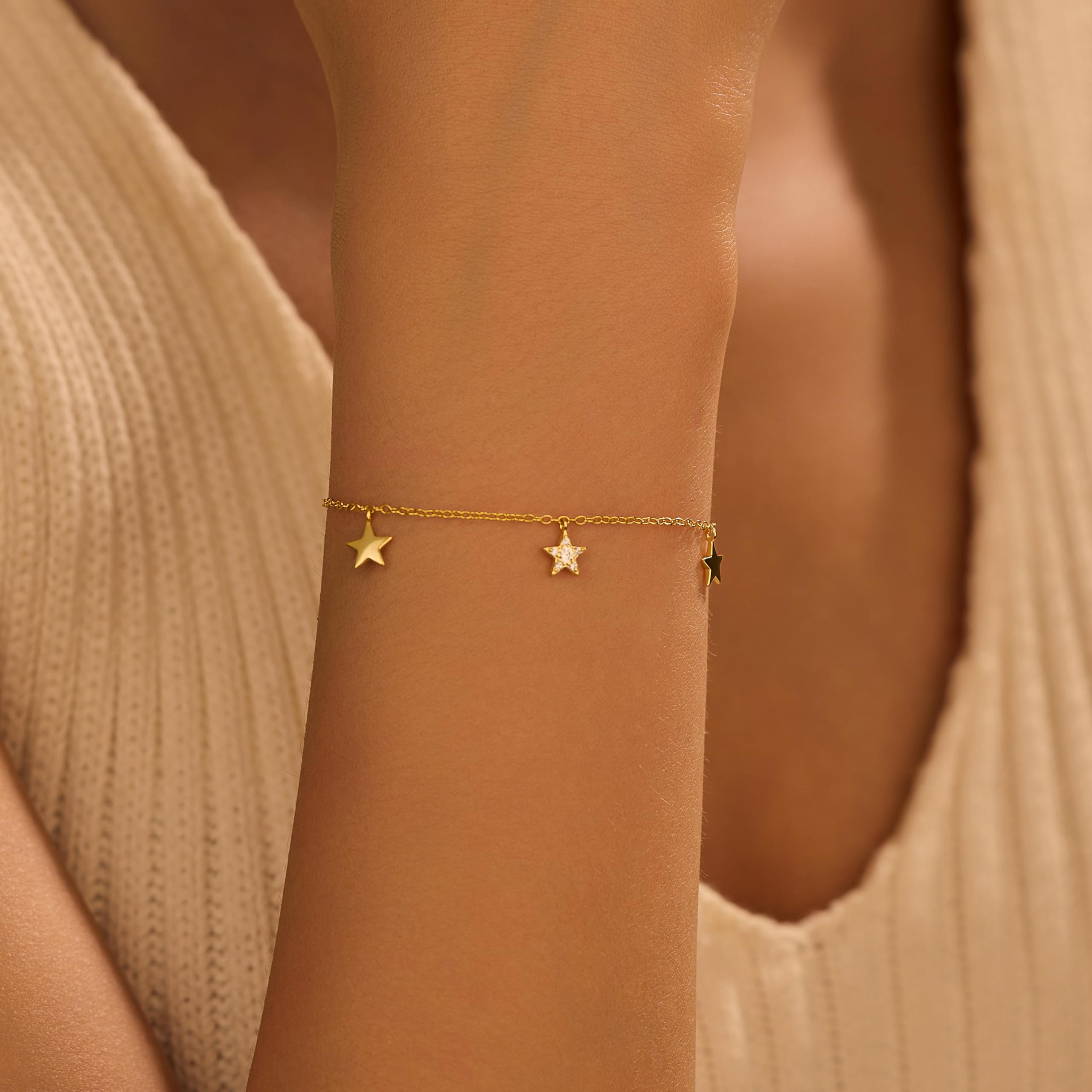 LOVPPEY zierliches CZ-Stern-Armband für Damen, 925er-Sterlingsilber, glänzend, Sternverbindung zur Tochter, 14 Karat vergoldet, funkelnder Zirkonia, Modeschmuck