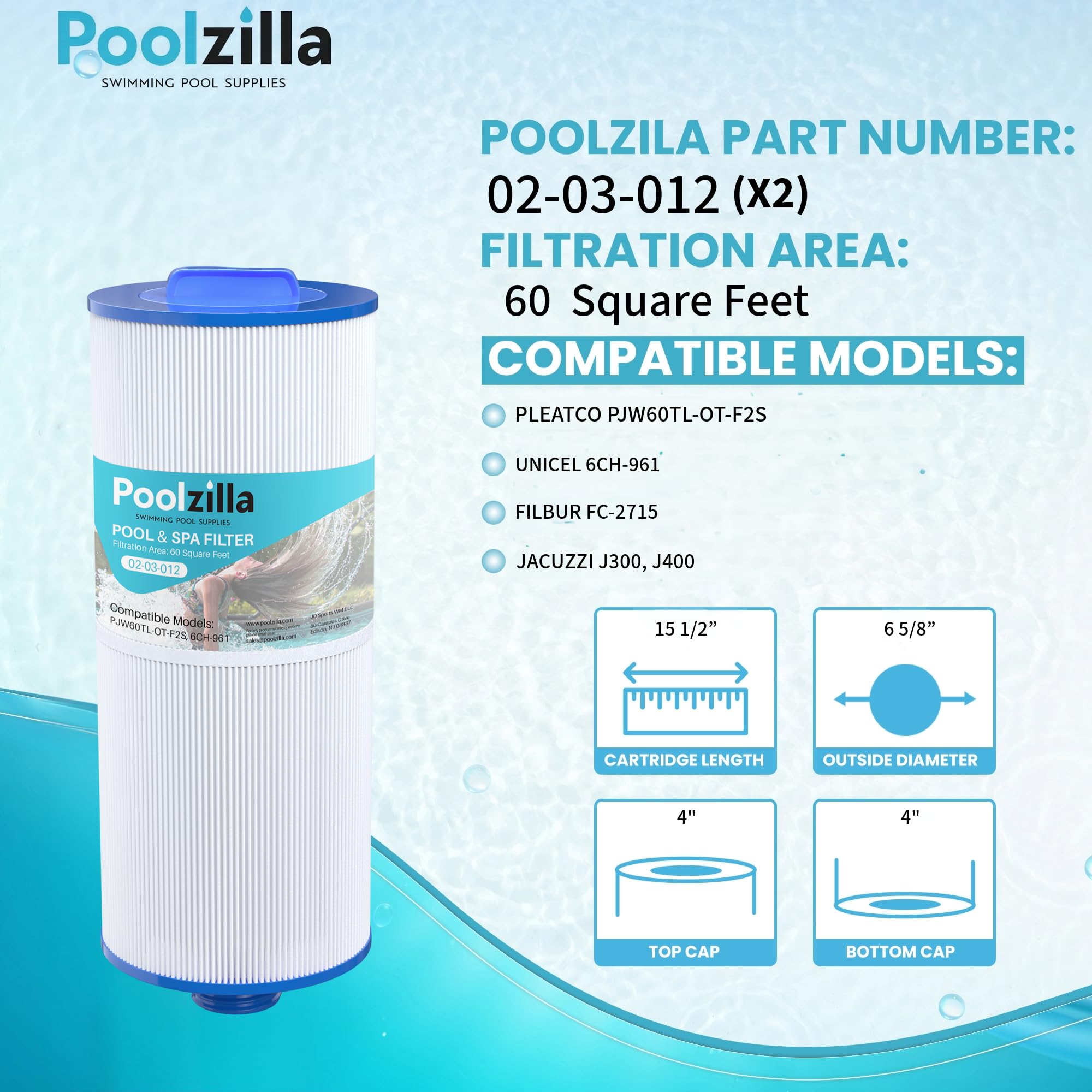 Poolzilla 2-Pack Replacement for Spa Filter PJW60TL-OT-F2S, Pleatco PJW60TL-OT-F2S, Unicel 6CH-961, Filbur FC-2715, J300, J400 - Filter Cartridge with Built-in Dispenser - 60 sq.ft