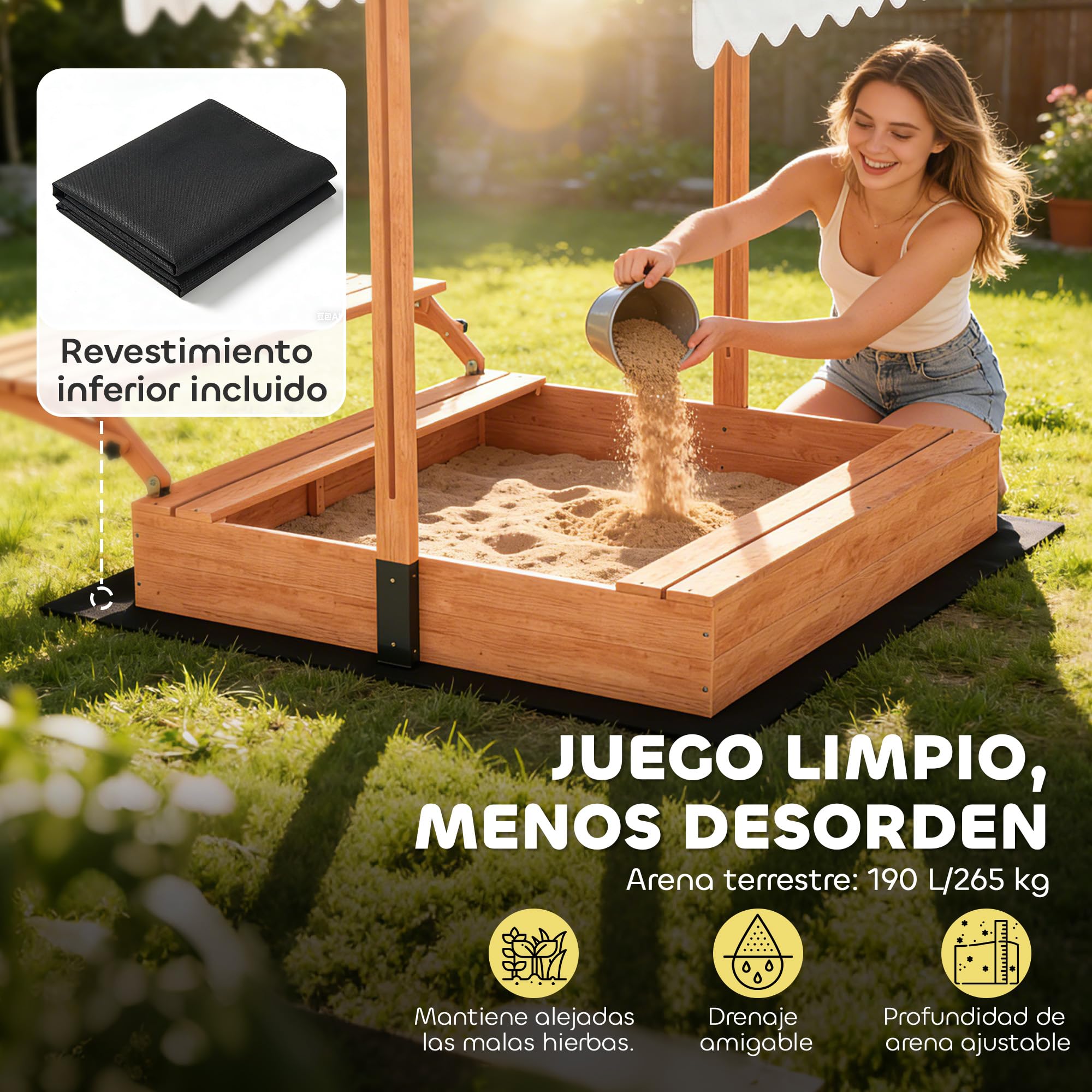 AIYAPLAY Arenero para Niños de Madera con Toldo Ajustable, Mesa Plegable de Picnic con Banco, Cubierta, 184x110x120 cm, Marrón