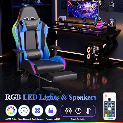 Miniatura 8 de Mr IRONSTONE Silla de masaje para juegos de 7 puntos, silla de oficina con reposapiés y soporte lumbar, altura del asiento ajustable ergonómica, 176