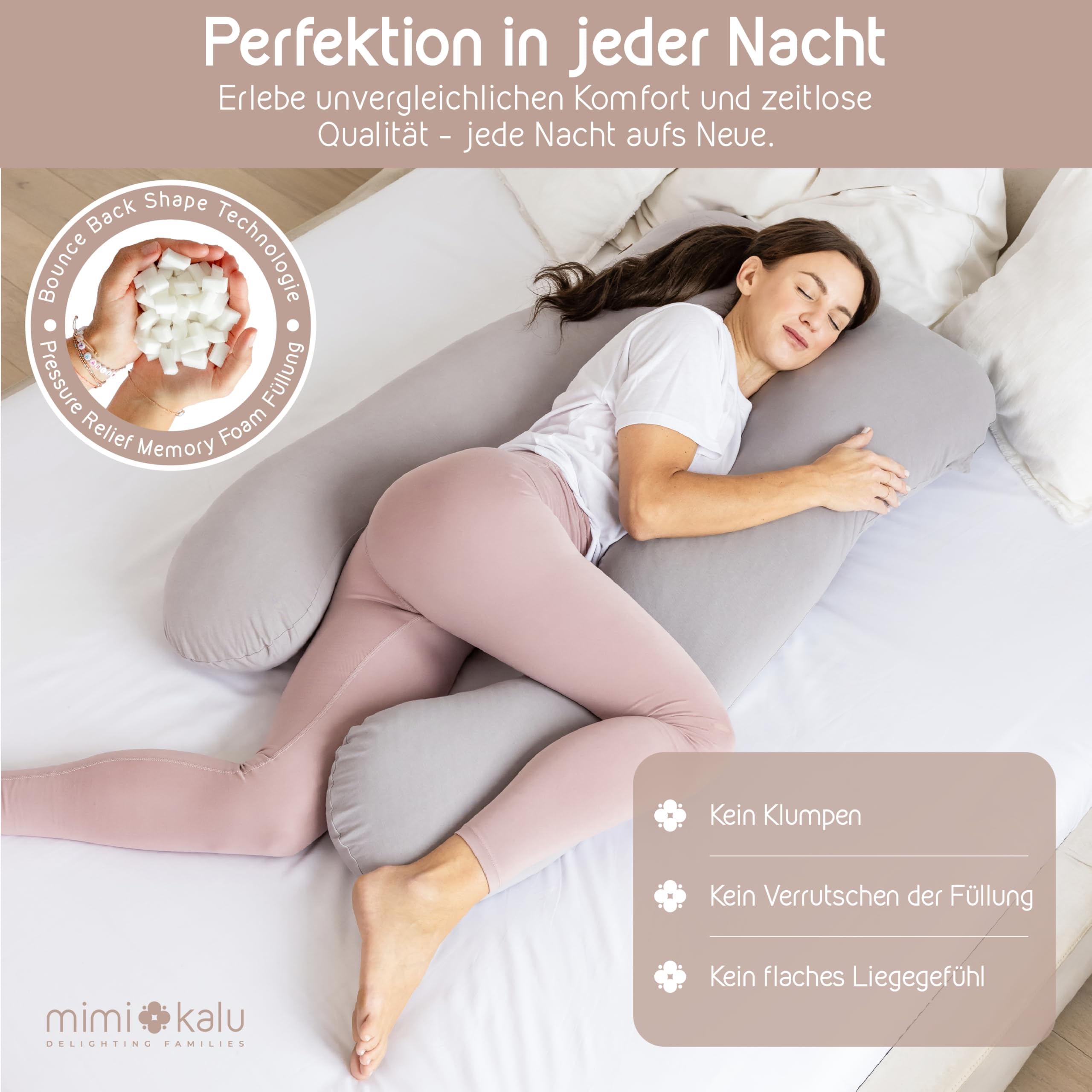 mimi kalu® Seitenschläferkissen mit Memory Foam Füllung Individuell Anpassbar, Inkl. 100% Soft Cotton Bezug & Schlafmaske, Schwangerschaftskissen, Stillkissen, Kuschelkissen für Seitenschläfer