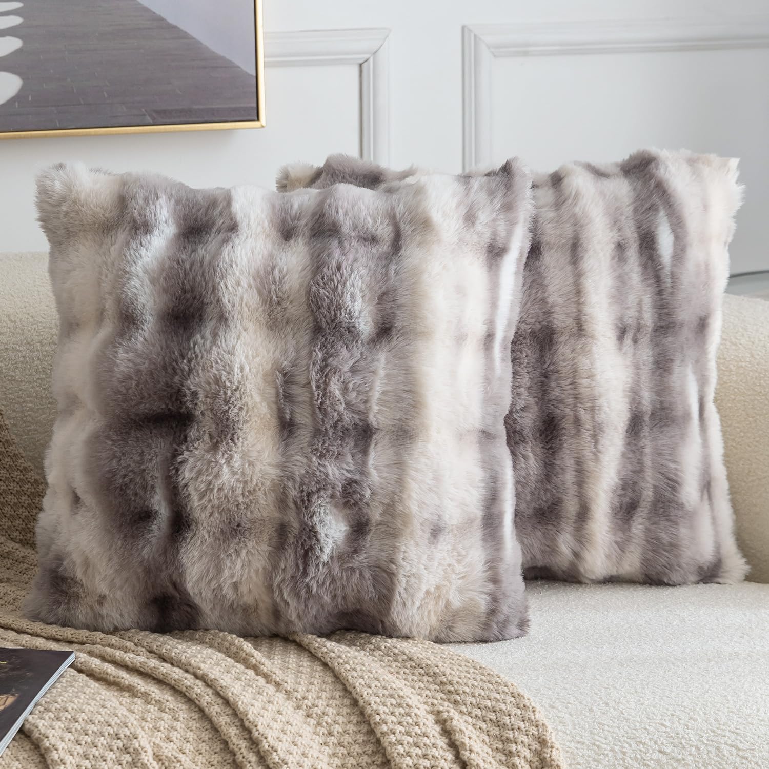 Madizz Pack of 2 Thick Plush Faux Wool Cushion Covers 40x40 cm Grey Taupe Soft Neutral Decorative Throw Pillow Covers Accent Boho Pillowcases for Couch Sofa Bedroom Pillow Shell — image 1
