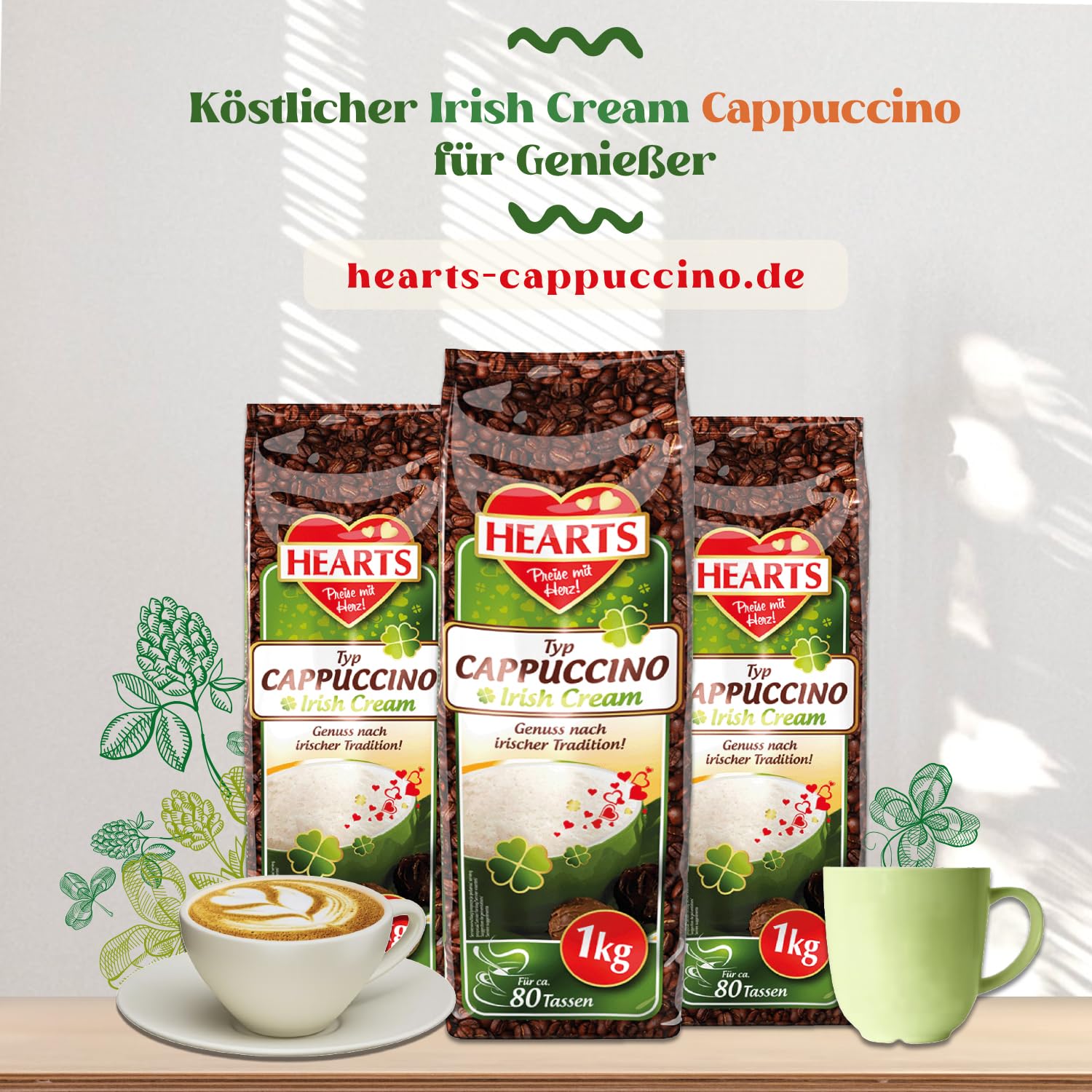 HEARTS Cappuccino Irish Cream 10 x 1 kg – Disfruta según la tradición irlandesa – Paquete de almacenamiento, fácilmente soluble, café instantáneo – suficiente para 800 tazas