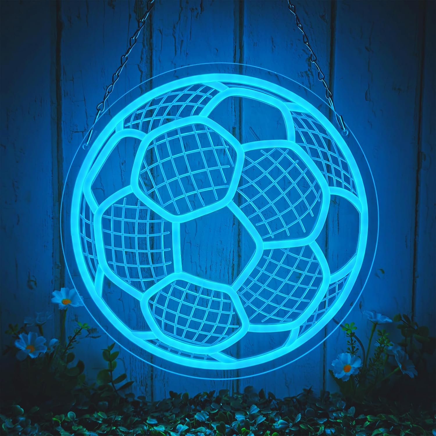 Soccer Neon Signs for Bedroom Wall Decor, 12.6" x 12.6" Ice-Blue USB Powered LED Football Neon Light with Dimmer Switch, Sports Themed Decor for Game Room Man Cave, Soccer Gifts for Girls Boys Fans Birthday Christmas Party