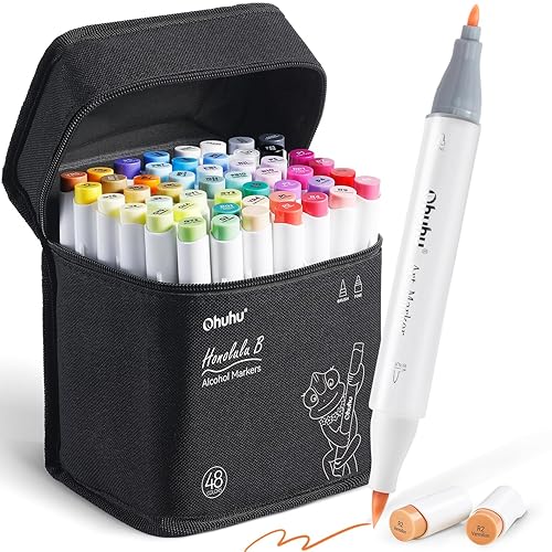 Ohuhu Alcohol Markers Brush Tip -Double Tipped Art Marker Set for Artist Adults Coloring Illustration -48 Colors -Brush & Fine -Honolulu B -Refillable - Fine & Brush