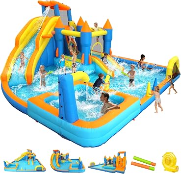 Inflatable Water Slide Park, 12-in-1 Water Bounce House with Big Splash Pool & Deep Pool, Basketball, Ring Toss, Target Game - 19X17.7FT Blow Up Water Slide for Big Kids 3-12 Outdoor Backyard