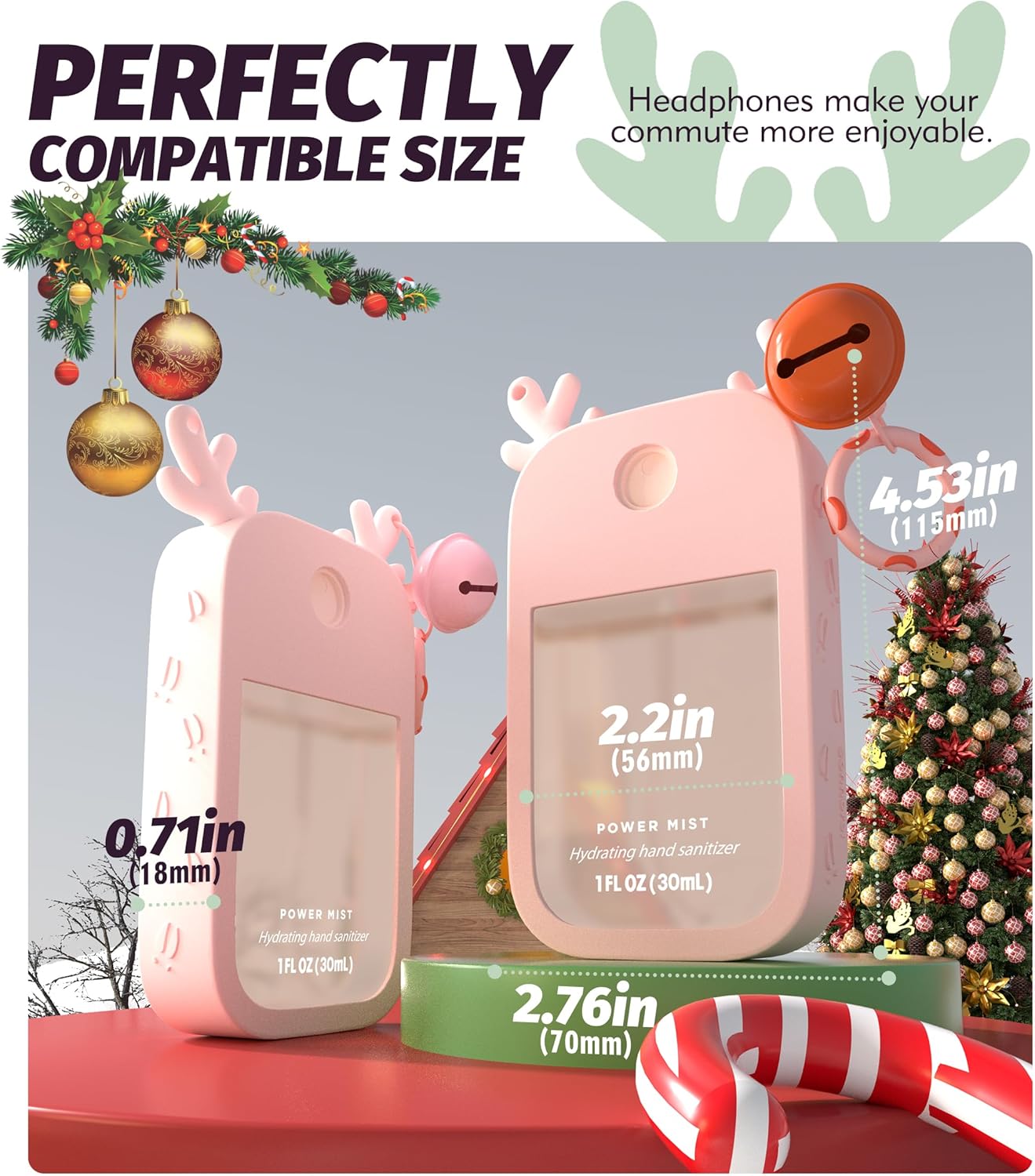 1 Pack Elk Silicone Case Compatible with Touchland Hand Sanitizer Spray (Fit for 1 FL OZ/30 mL Ver), Portable keychain, Small Bell, Cute Deer Antlers (Pink) - Image 6