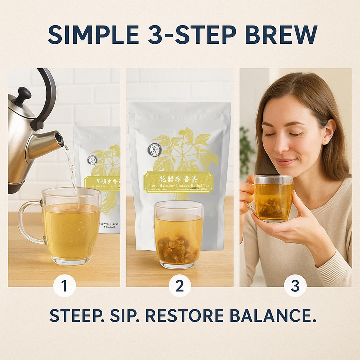 Herb Guru Floral Harmony Ginseng Herbal Blend with Rosa Rugosa and Chrysanthemum Flowers Natural Tea in Convenient Tea Bags | Herbal Infusion for Relaxation Wellness and Daily Balance - Image 5