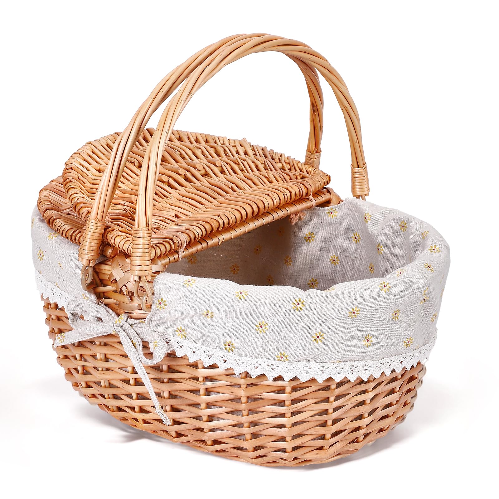 Wicker Picnic Basket Cesto Picnic in Vimini Fatto a Mano, Grande Cesto Portaoggetti con Doppio Coperchio Ribaltabile & Manico Pieghevole per Picnic all’Aperto, Spiaggia,Deposito Hiking, BBQ