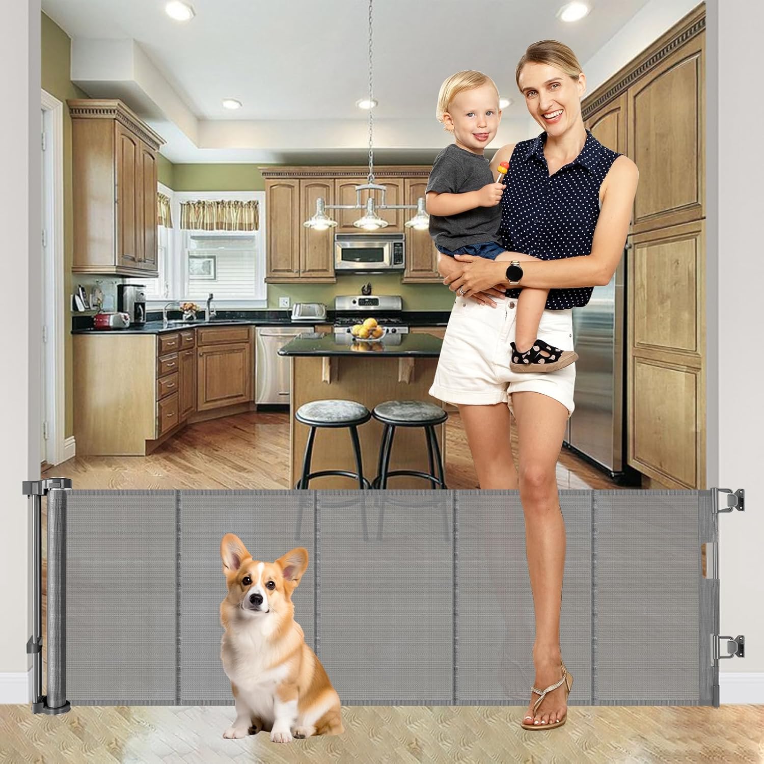 22 Inches Tall Retractable Dog Gate to Step Over, 55" Wide Reinforced Retractable Baby Gate Small Dog Gate Indoor Outdoor Retractable Gate, Short Pet Gate for Stairs Puppy Gates for The House, Gray
