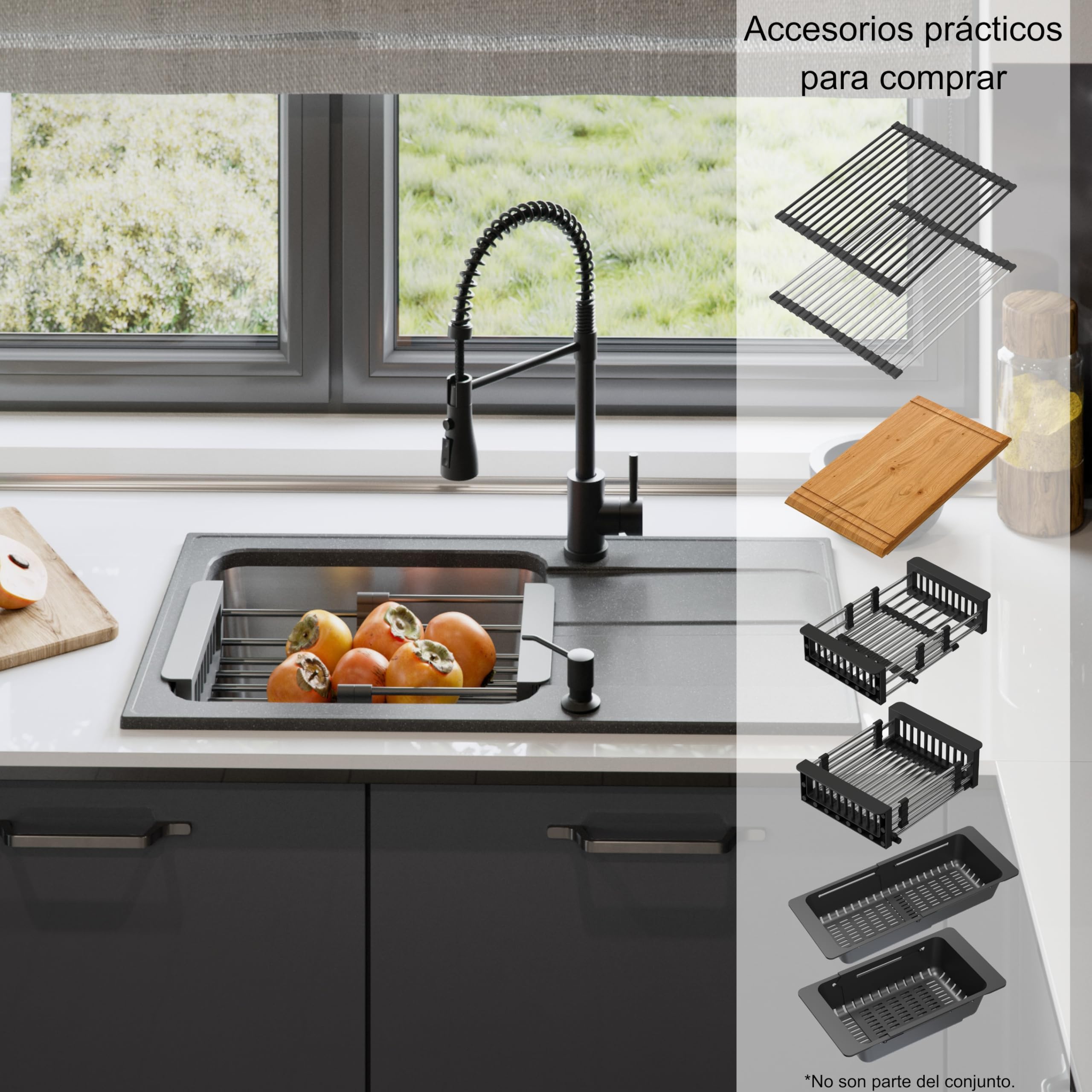 QUADRON fregadero gris | tamaño 78 x 43 cm | RALPH 111 fregadero de cocina de un seno con cubeta de acero | granito y acero inoxidable | con sifón y tapón de rosca | con escurridor