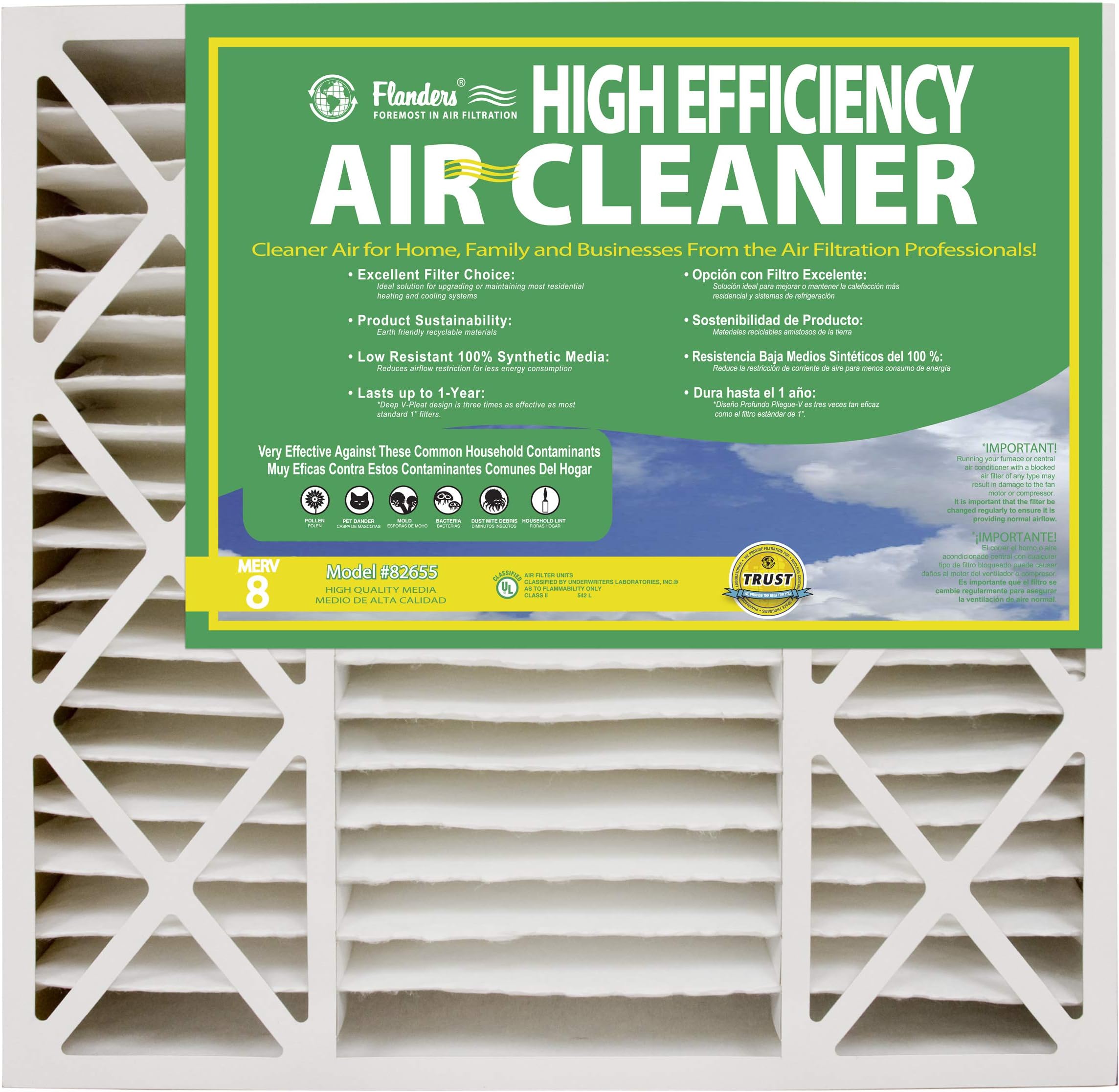 Flanders PrecisionAire 82655.0452025 20 by 25 by 4.5 Air Cleaner Merv 8 Air Filter, Pack of 2, 20" x 25" x 4.5"