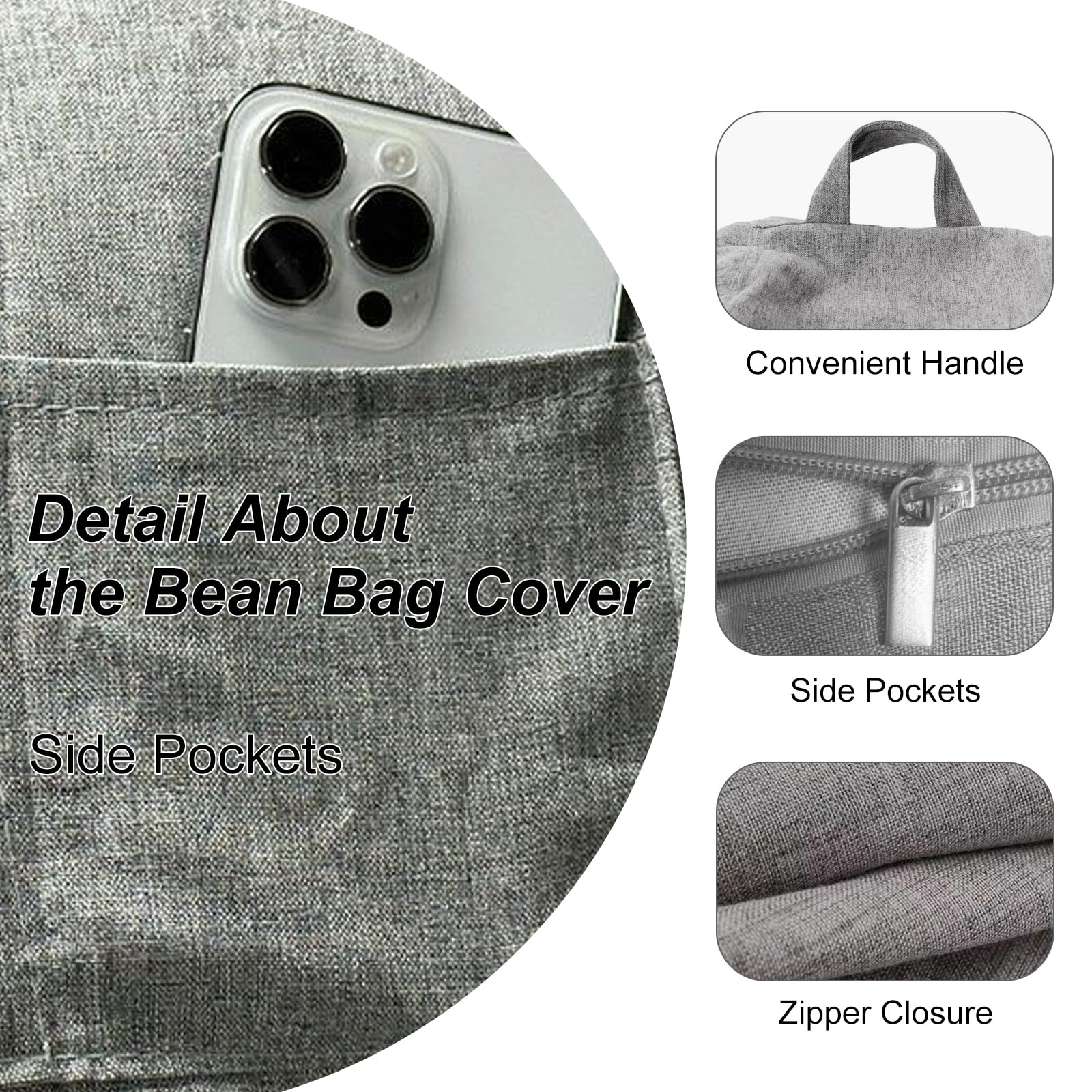 Puf para niños y adultos, 100 x 120 cm, funda sin relleno, funda de sofá para sacos de frijoles con cremallera, a prueba de polvo, sin relleno, para decoración de exteriores (gris oscuro)