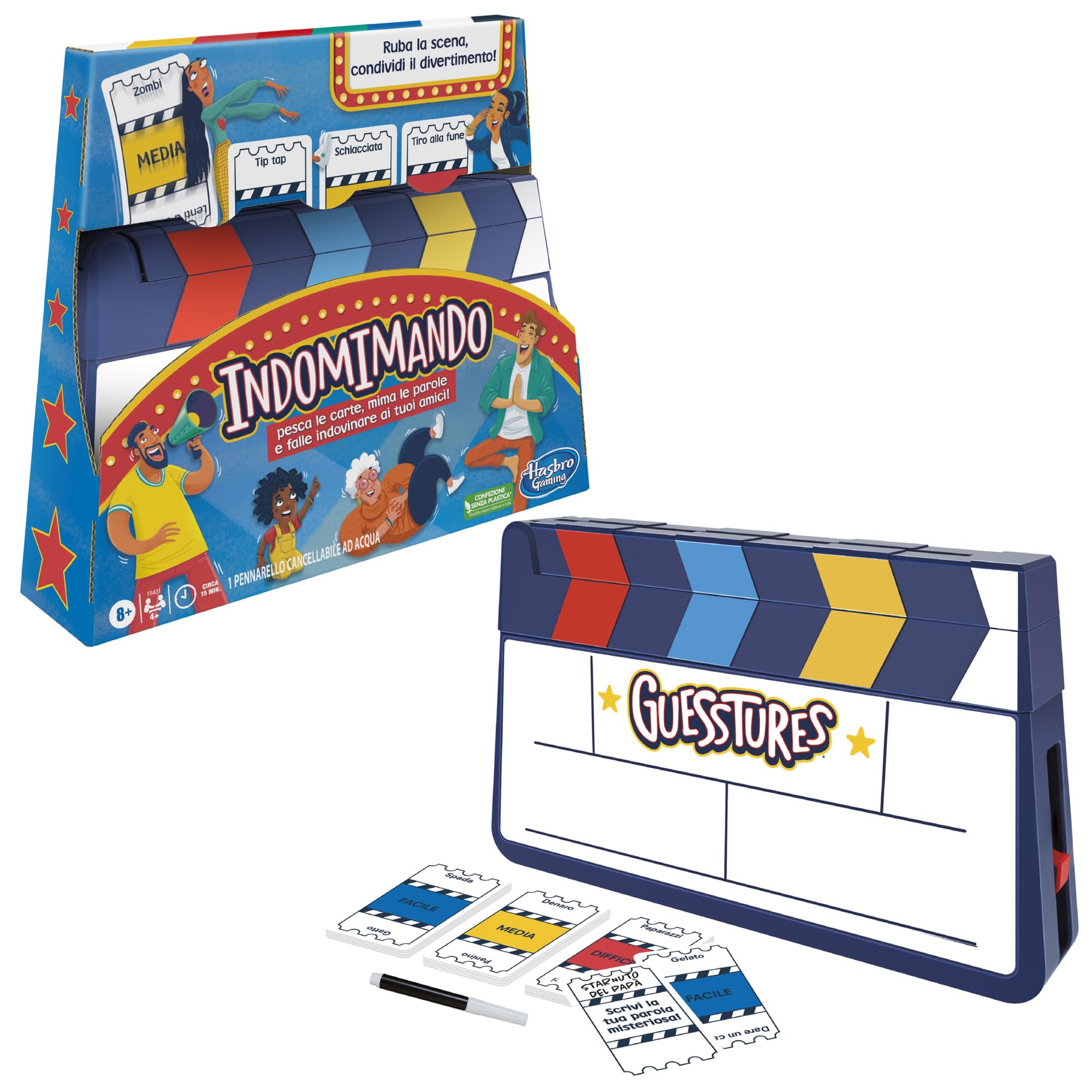 Hasbro Gaming Indomimando Gioco da Tavolo Dei Mimi, Gioco per Famiglie per 4 o più Giocatori con Carte Personalizzabili e Ciak, Gioco per Bambini e Bambine da 8 Anni in Su, Giocattolo Festivo