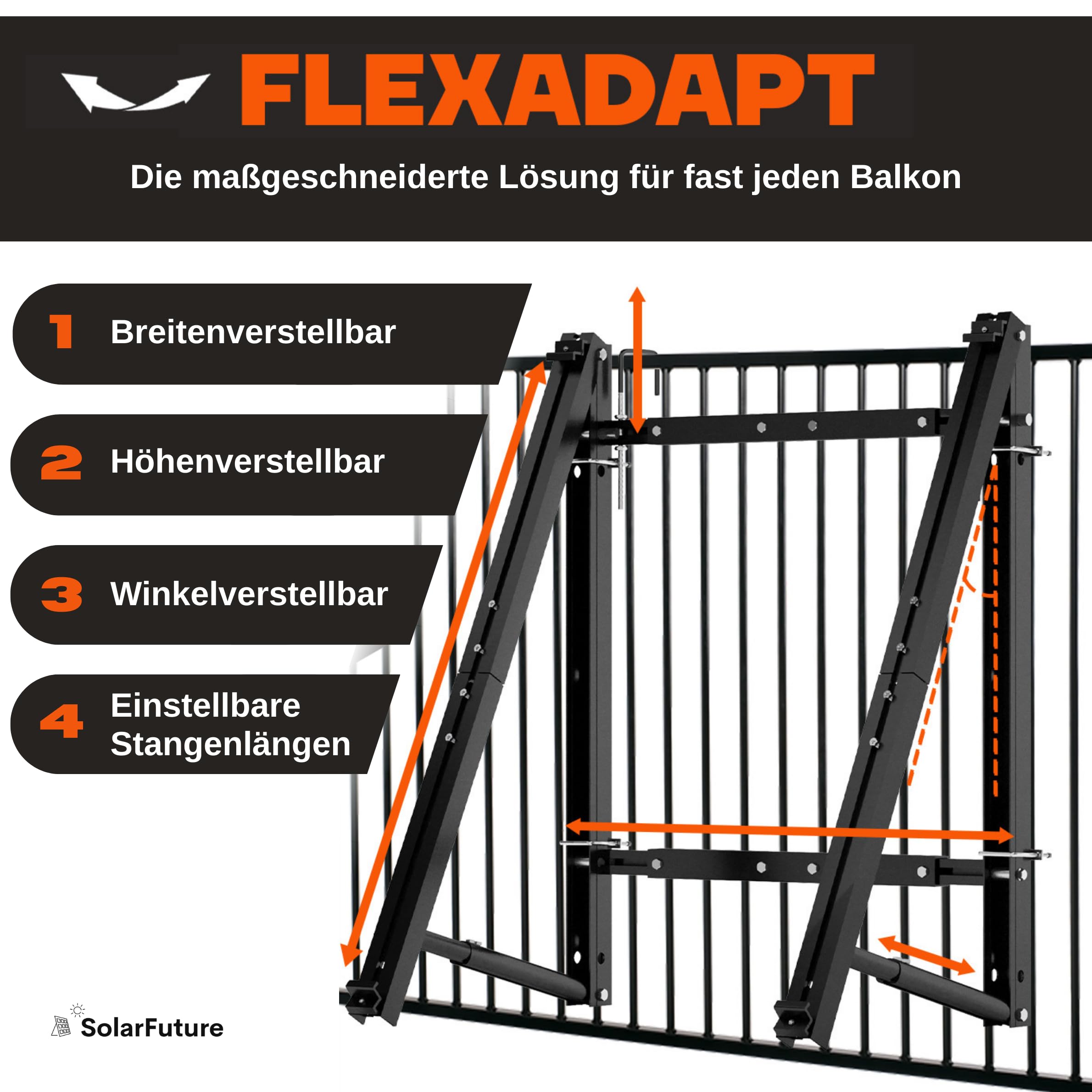 SolarFuture Balkonkraftwerk Halterung Balkon - Flexibel Anpassbar & Sturmsicher | Solarpanel Halterung Solarmodul Halterung Balkonkraftwerk Pv Halterung Photovoltaik Befestigung Balkon Flachdach Wand