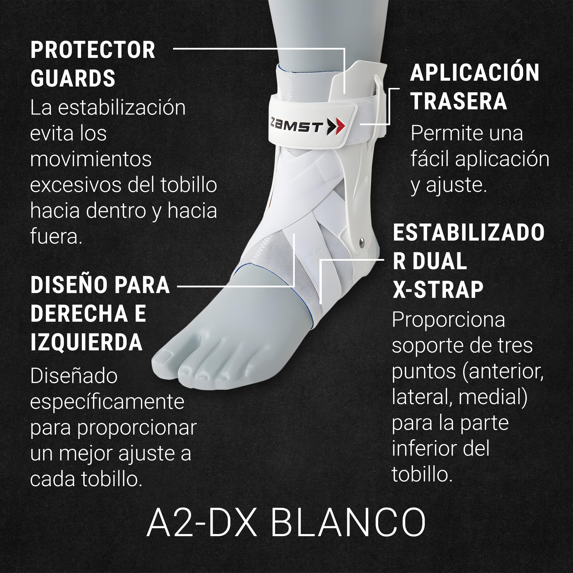 Zamst A2-DX Tobillera Deportiva Blanca -Tobillera Deportiva Transpirable para Hombres y Mujeres con Estabilizadores de Protección para Esguince de Tobillo de Alto Grado - Derecha, M