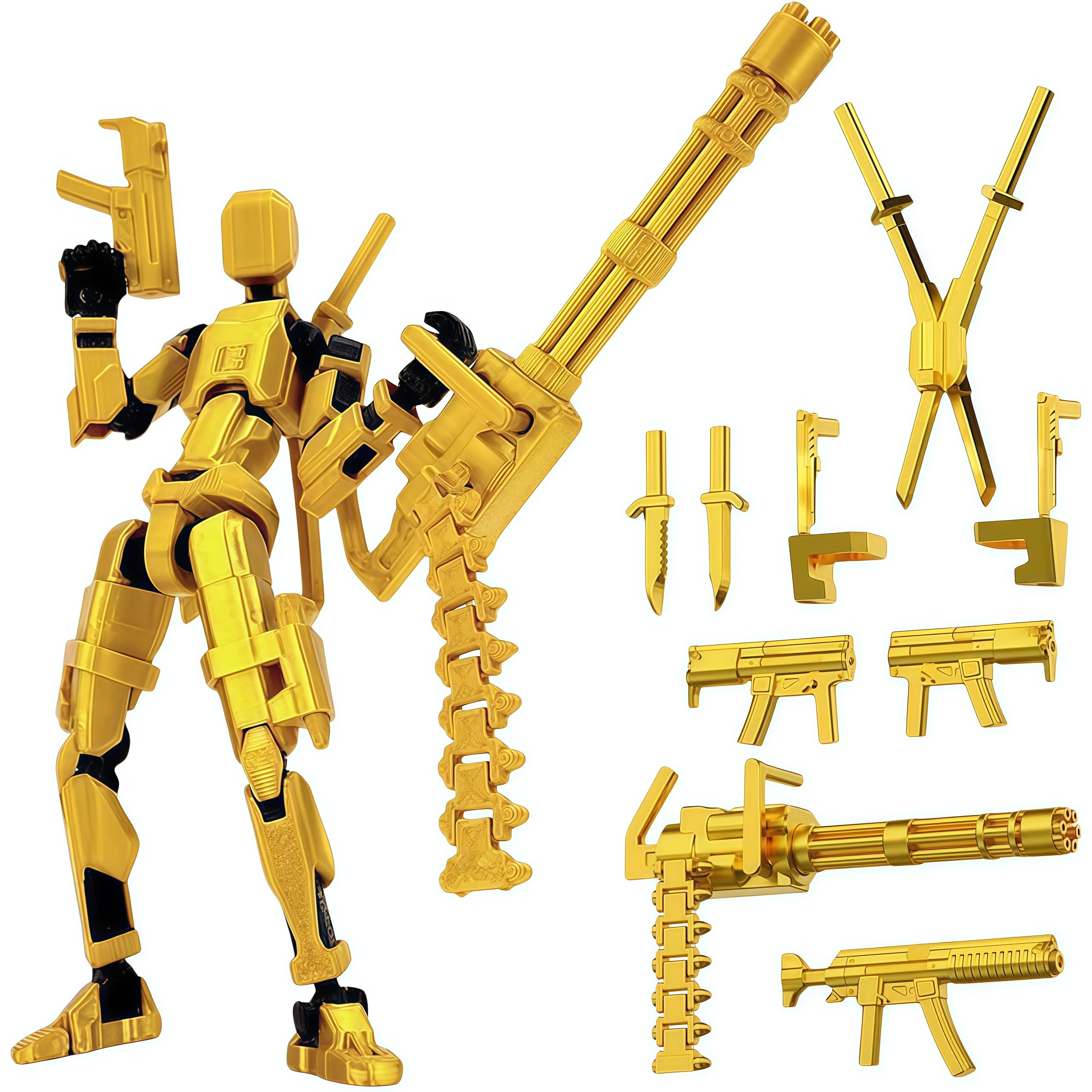 Copbopwn T13 Action Figure, 3D Printed Robot, Dummy 13, Multi-Jointed & Fully Poseable, 14cm Tall Collectible Desktop Decoration, Fully Assembled with Weapons for Stop Motion & Displa (Golden)