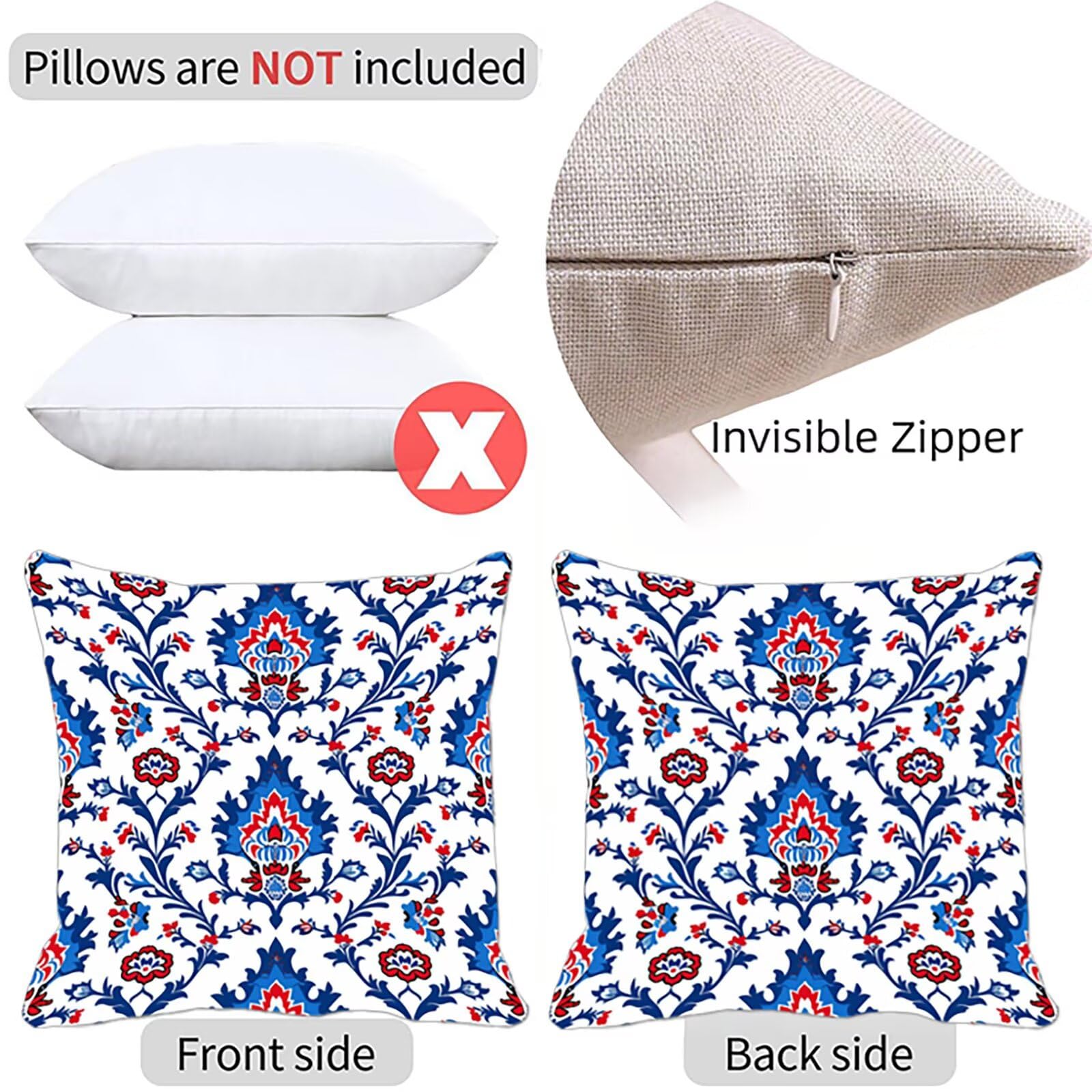 Kissenbezug 60x60 cm Böhmen 4er Set Sofakissen Superweichem Doppelnähten Versteckter Reißverschluss Blau Outdoor Kissen Leinen gelten für Auto Terrassen-Gartenbank Wohndeko Schlafzimmer Sofa B-Z
