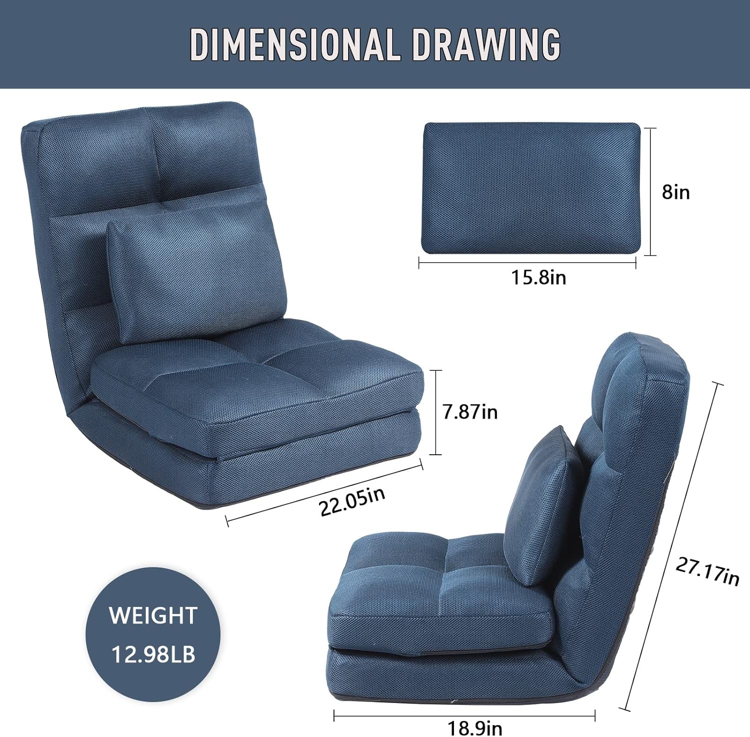 Indoor Chaise Lounge Sofa, Floor Chair with Back Support for Adults, 14 Angle Adjustment Recliner Chair, Folding Floor Lounger with Pillow 8823W (Blue)