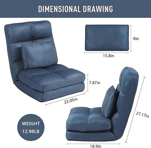 Miniatura 3 de Sofá chaise lounge para interiores, silla de piso con respaldo para adultos, silla reclinable de ajuste de 14 ángulos, tumbona plegable con almohada