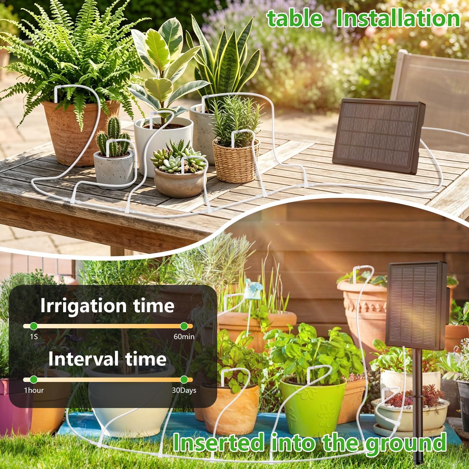 Sistema de Riego Solar para Jardín,Kit de Riego por Goteo con 20 Goteros,2200mAh Nuevo Kit Riego por Goteo para Jardín Vacaciones Terrazas de Balcones Macetas Plantas,con 15m Manguera de Riego