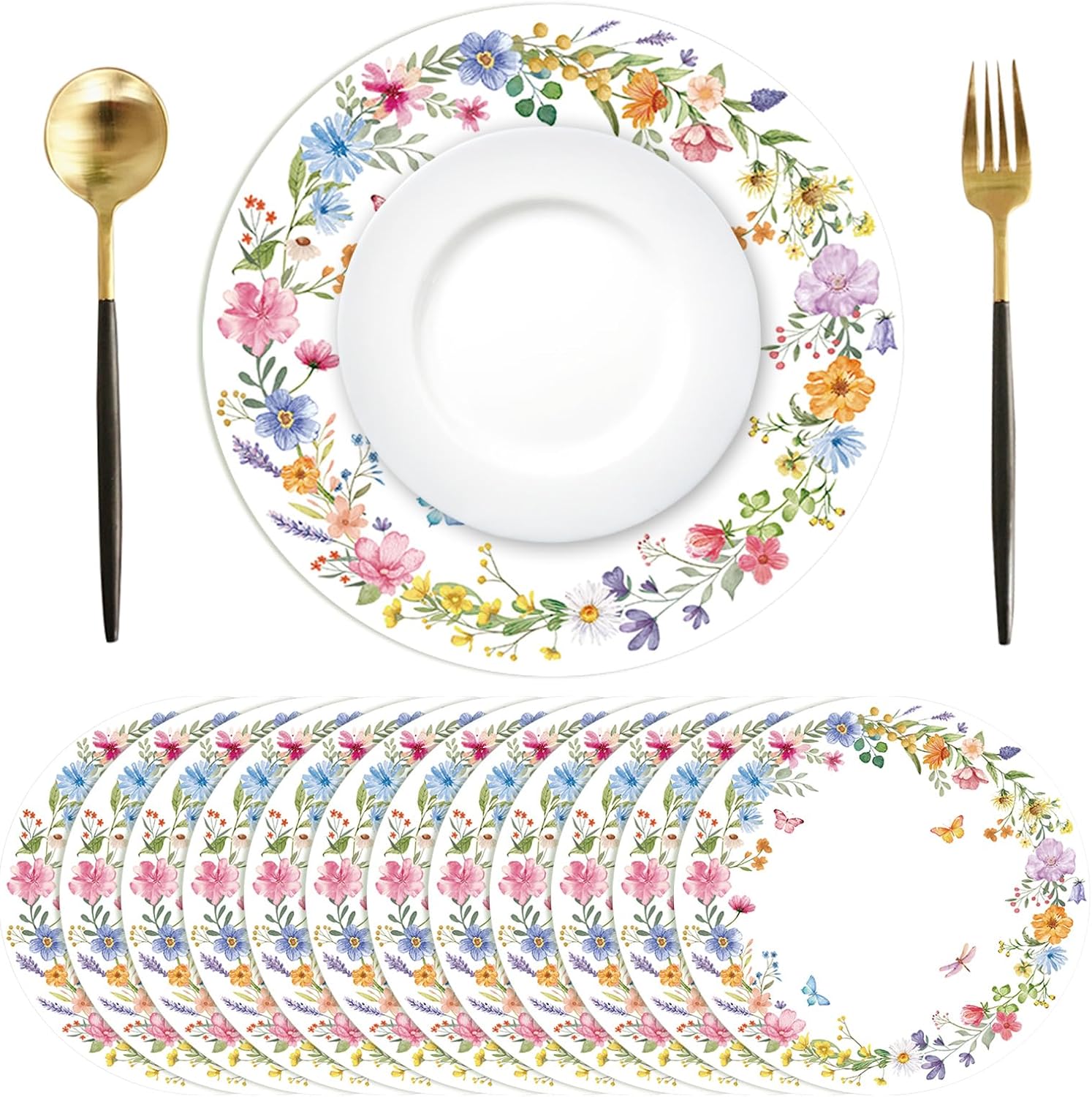 Tarklanda 50 Pcs Floral Placemats Disposable 13.4 Inch Round Paper Placemat Spring Wildflower Decorative Table Mats for Kitchen Dinner Wedding Anniversary Bridal Shower Birthday Party Supplies