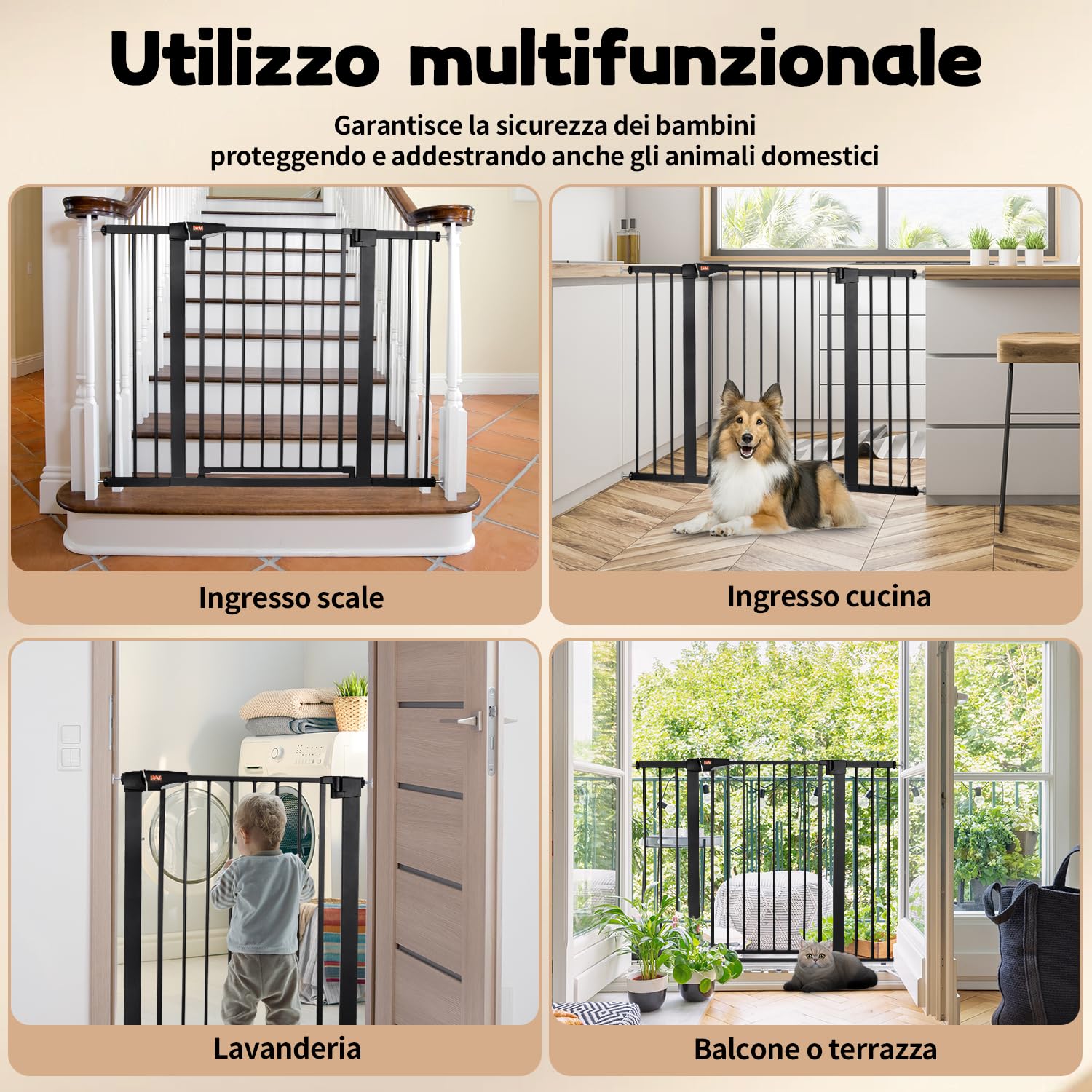 LAOYE cancelletto per bambini, Cancelletto per scale senza trapano, altezza extra alta 92 cm, larghezza 75-124 cm con 3 estensioni, per bambini, cani gatti, chiusura automatica arresto a 90°-Nero