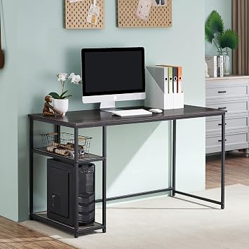 ivinta Computer Desk, Home Office Desk with Storage Shelves and Metal Frame for Living Room, Bedroom, Office, Whale Brown, 55"