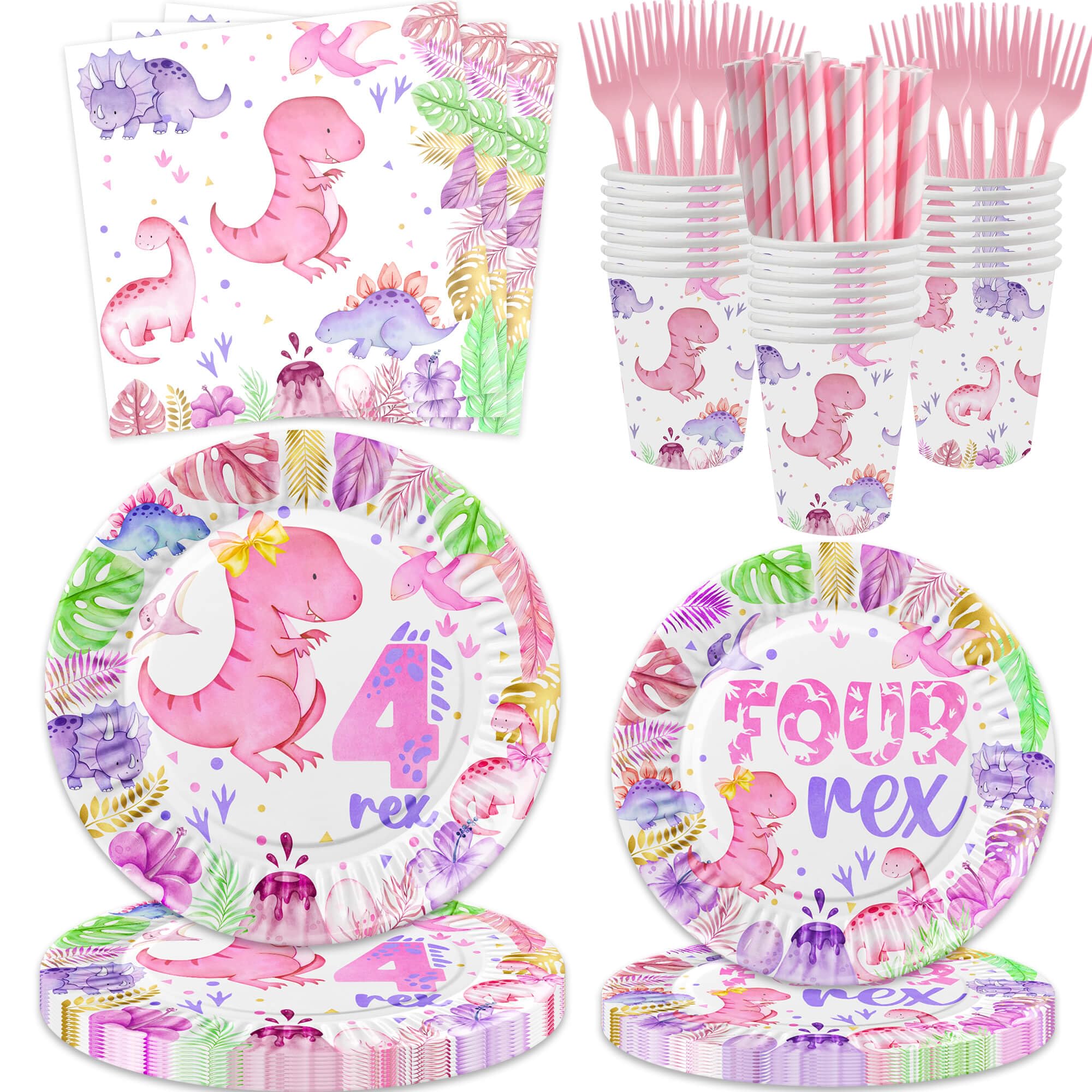 120 Pcs Pink Watercolor Dinosaur 4th Birthday Party Supplies 4 Rex Birthday Party Decoration Includes Plates Cups Napkins Forks Tableware for Girls