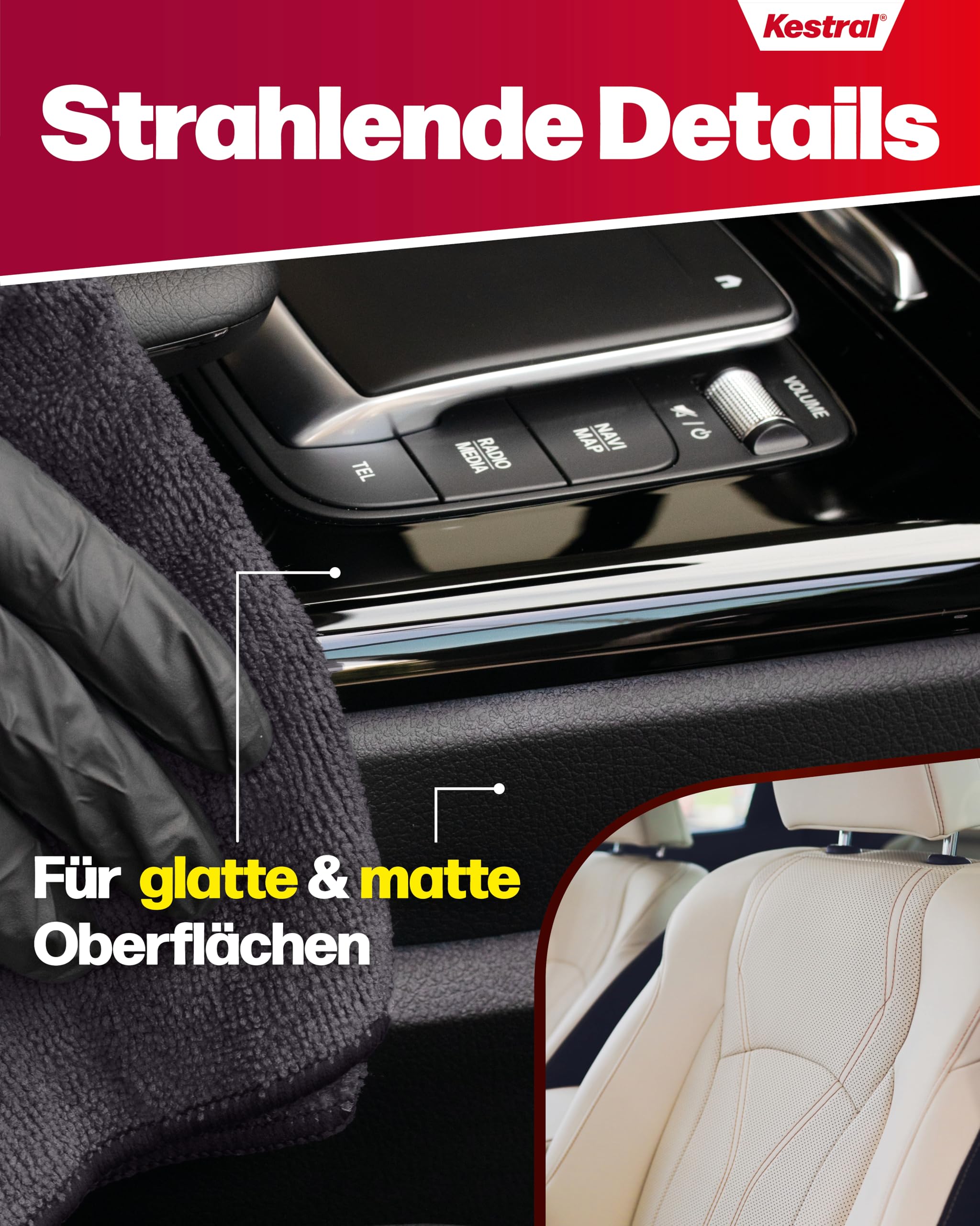KESTRAL® Auto Innenraumpflege Set für Polster- & Alcantara mit 5X Mikrofasertüchern 1x Staubtuch & Bürste - entfernt effektiv Schmutz - farbsättigende Pflege im MATT-Effekt - Made in Germany