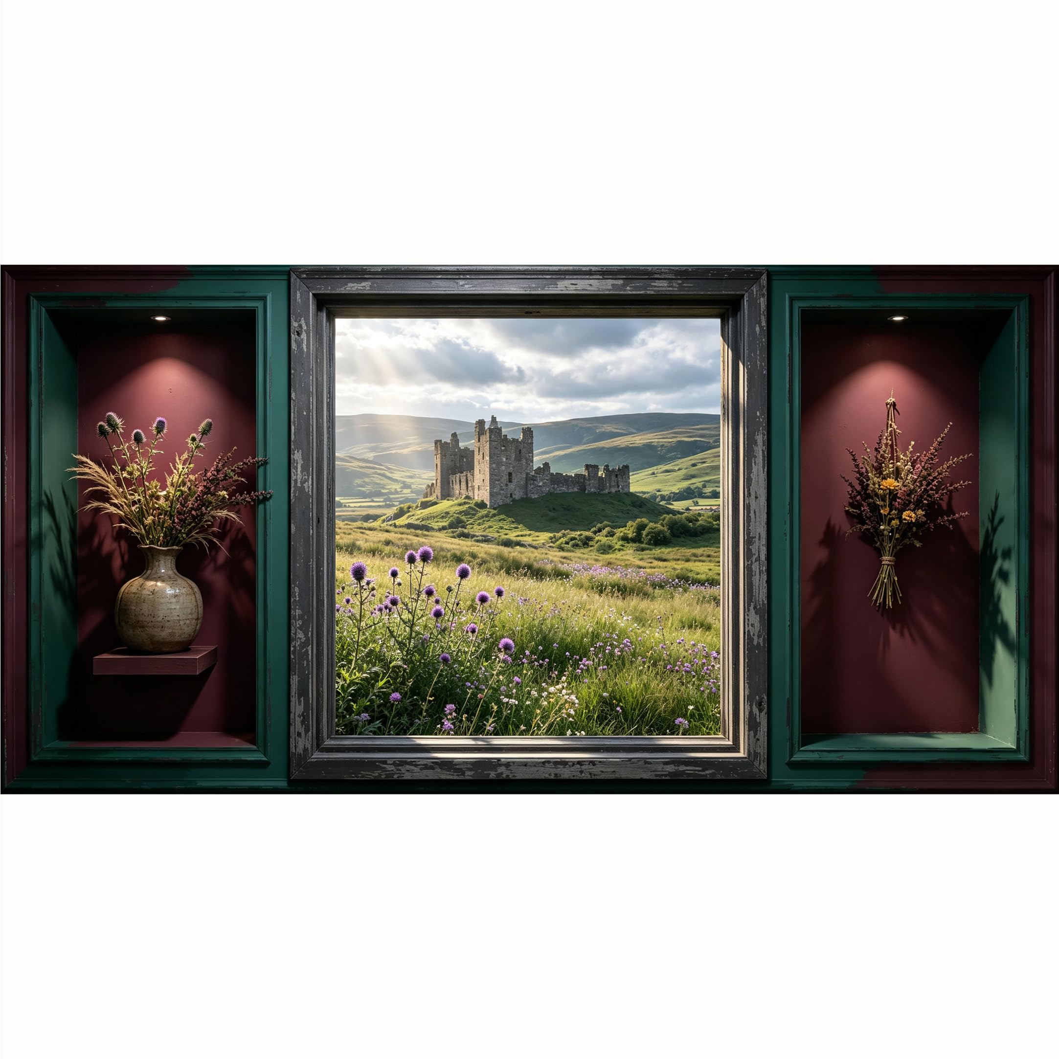 QZLITHOTIC 50x100cm 3D Framed Wall Art， Scottish Castle Landscape Highland Nature Self‑Adhesive Mural， Water‑Activated Peel & Stick Fabric Decor Wall Decal for Bedroom Living Room