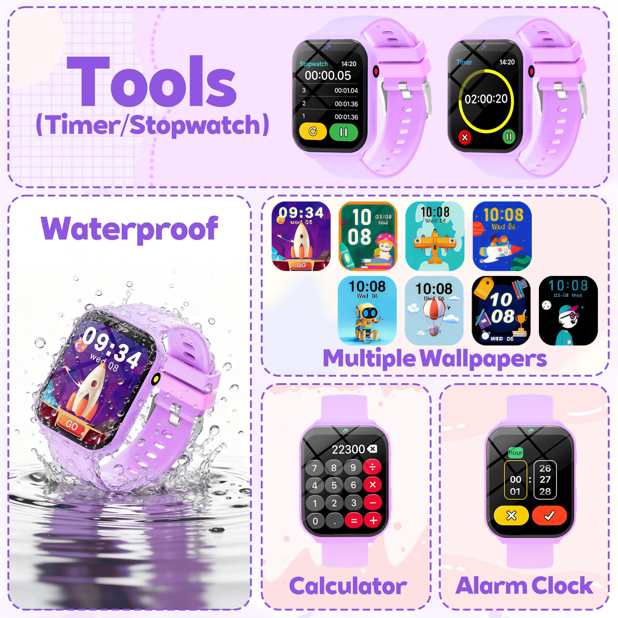 Smartwatch Bambini, 1.83" Orologio Smartwatch Bambini Fitness Tracker con 18 Giochi Fotocamera Contapassi Sveglia Monitor del Sonno Impermeabile Regali di Natale e Compleanno per Ragazza Ragazzo