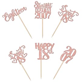 30PCS 18th Birthday Cupcake Toppers Glitter Eighteen Happy 18th Straight Outta 2007 Cupcake Picks for Cheers to 18 Years Birthday Wedding Anniversary Party Decoration Supplies Rose Gold