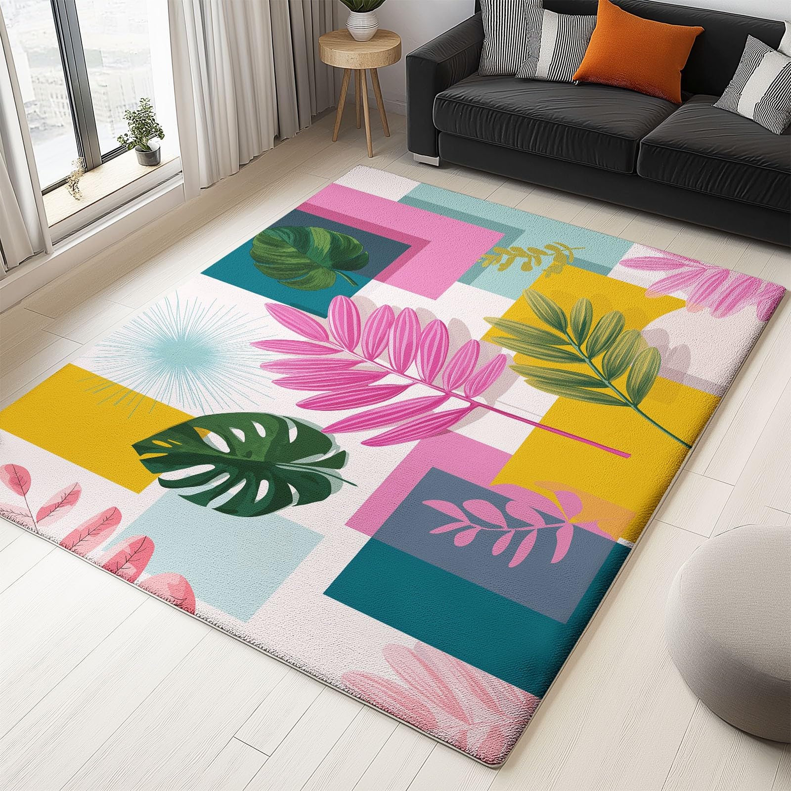 Dywan z krótkim włosiem miękki antypoślizgowy abstrakcyjny geometryczny estetyczny liście, duże nadające się do prania dywaniki 120 x 170 cm, do salonu sypialni dekoracja domu kuchnia wnętrze na