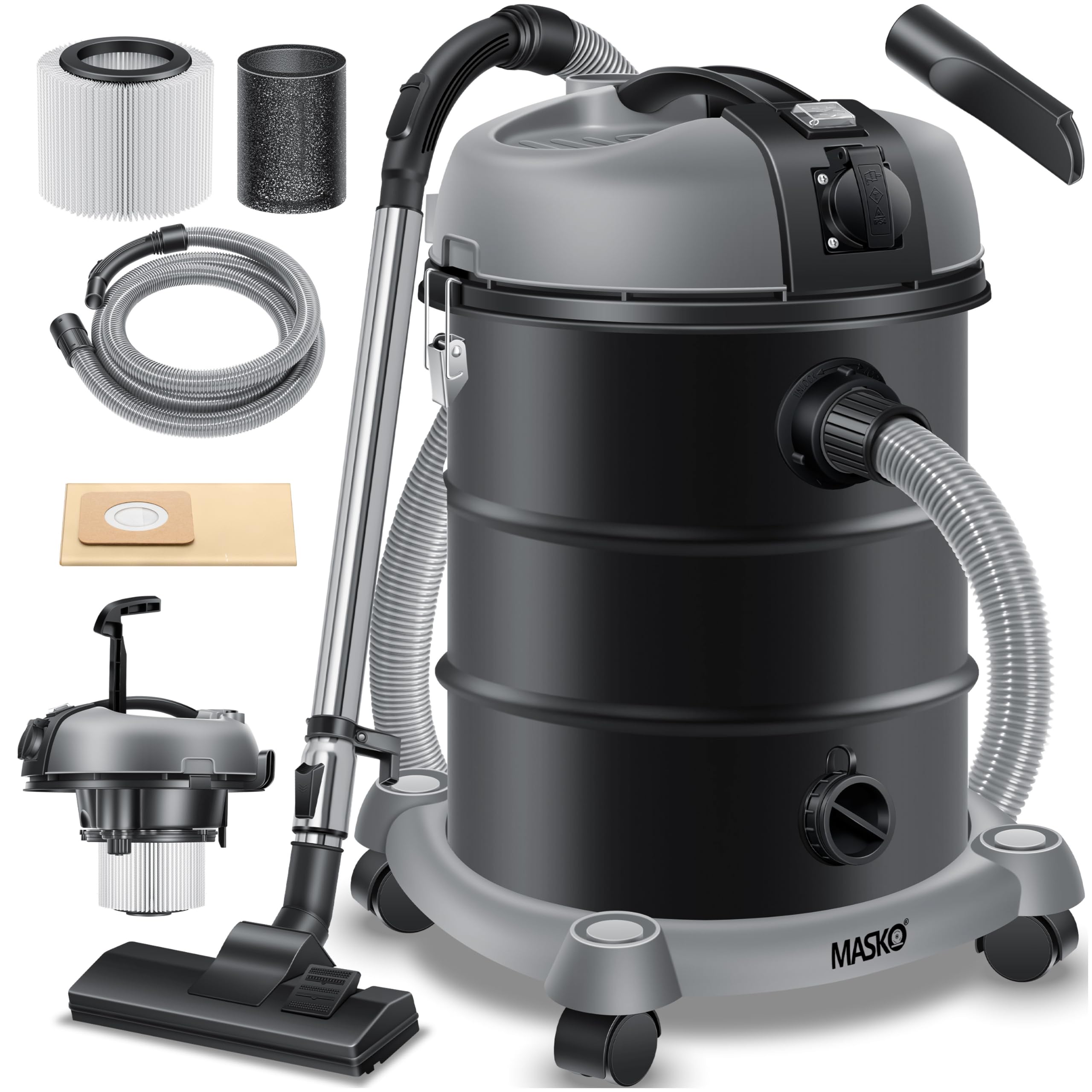 Masko® Aspirateur Industriel Aspirateur Eau et poussière Acier Inoxydable 2 300 W + Prise | Fonction soufflerie | 30 L | avec et sans Sac | Filtre Interchangeable Inclus | Tuyau: 3,5 m | Anthracite