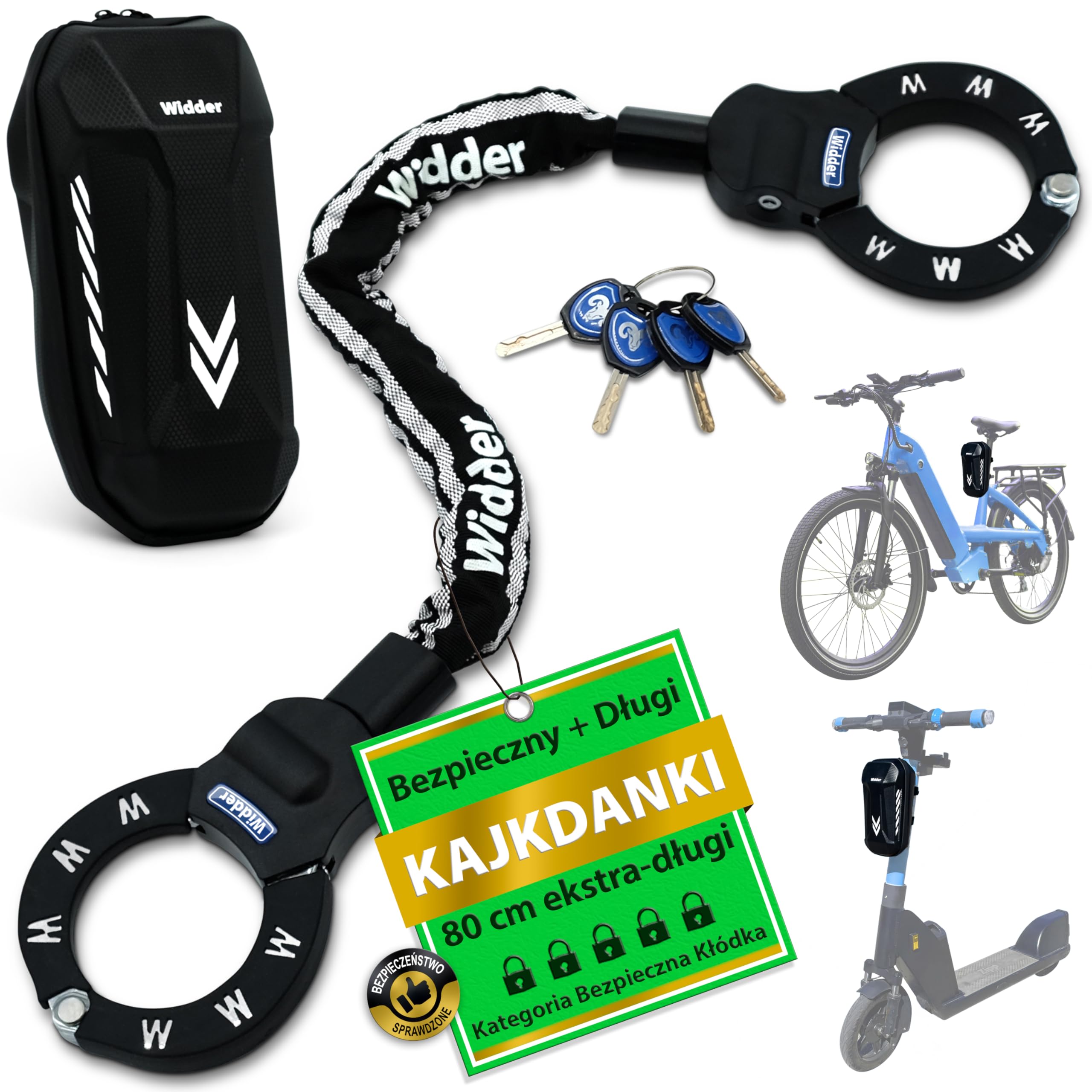 WIDDER Bezpieczna blokada kajdankowa [80 cm, 4 klucze, stal pełna 8 mm] Zamek do e‑hulajnogi z torbą – blokada kajdankowa do e‑hulajnogi & roweru