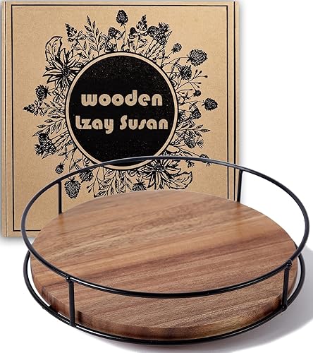 Tocadiscos giratorio de madera de acacia de 9" Lazy Susan, tocadiscos organizador de cocina Tomoaza con lados de acero, Lazy Susan de 360 grados