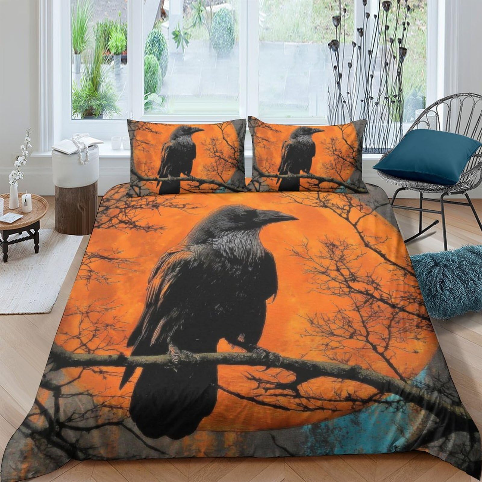 Ctjqhvkz Style-10 3D Printed Raven Silhouette Fitted Sheet Microfiber Orange Sunset Forest Mattress Cover Non-Slip For Bedroom Guest Room Single（135X200cm）