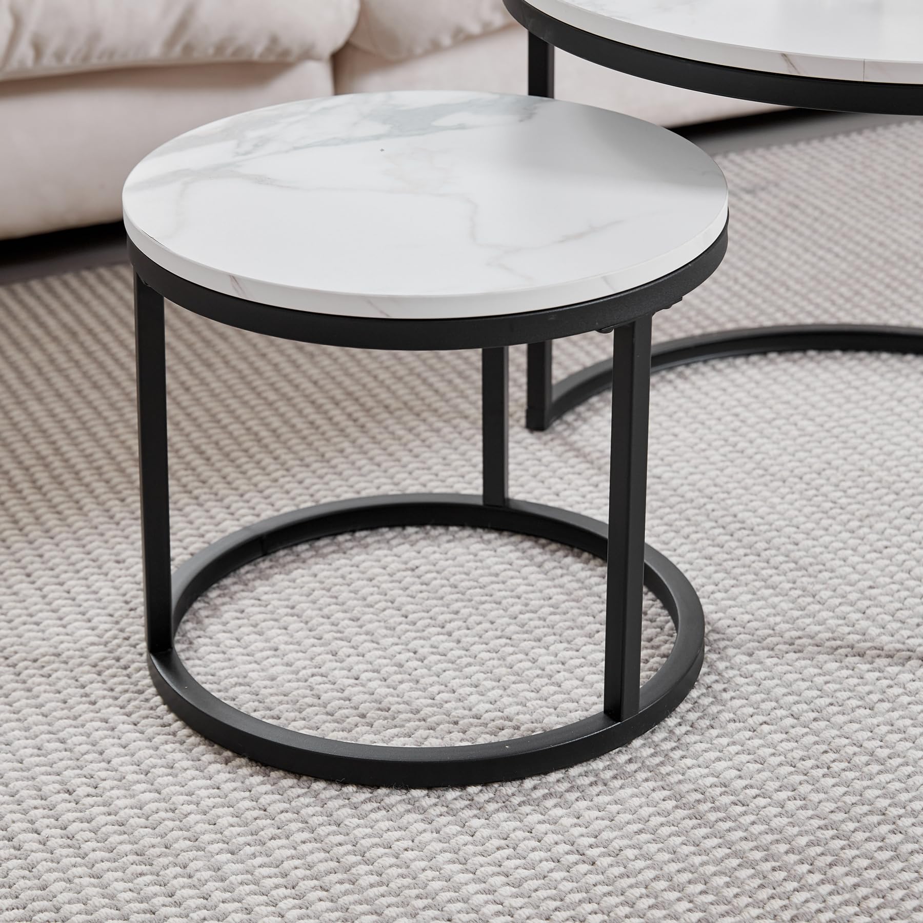 Juego de 2 Mesa Nido Salon, Mesa Nido Pequeña para Salón o Comedor Oficina, Aspecto de Imitacion Mármol Blanco, Grande: 60 * 60 * 45cm, pequeña: 40 * 40 * 35cm (Blanco/Negro)