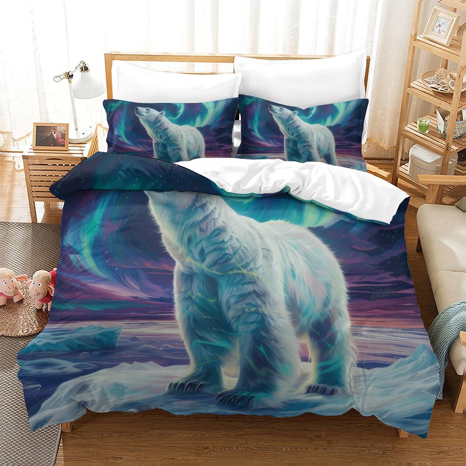 Housse de couette respirante avec fermeture éclair parure de lit motif ours polaire