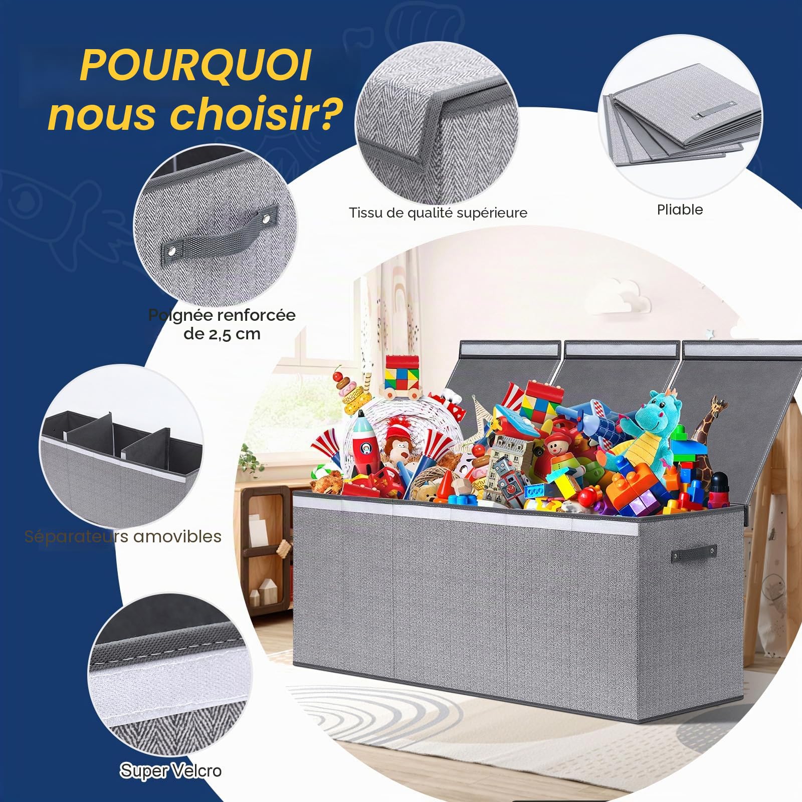ELUCHANG Boîtes de Rangement Pour Enfant，Grand Coffre a Jouet Enfant Avec Couvercle，147L，Pliables, Poignées, Chambre d'Enfant, Salle de Jeux, Gris