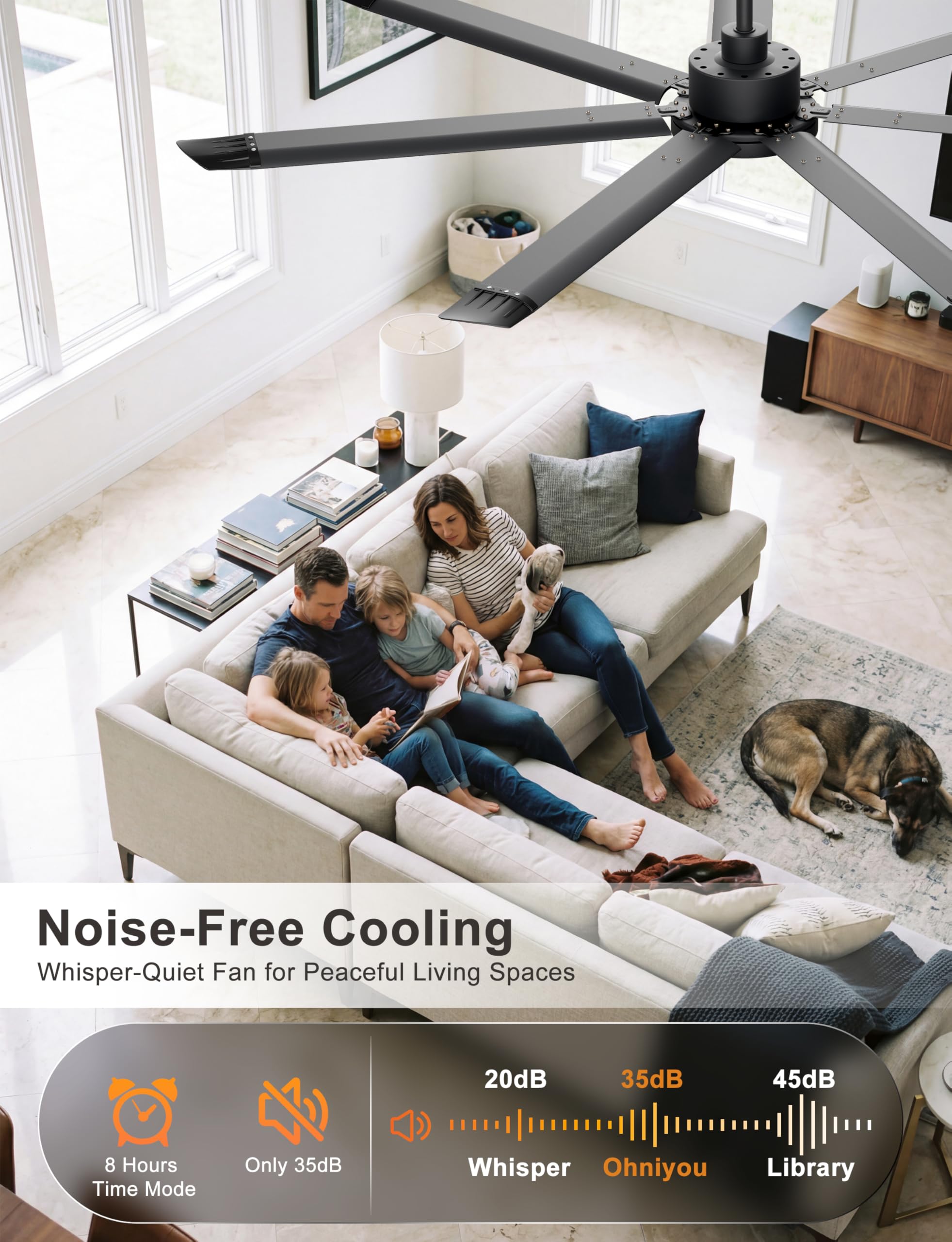 Ohniyou Ventilateur de plafond de 182 cm avec éclairage, Grand ventilateur de plafond de style industriel, télécommande/app, 7 pales en aluminium, moteur CC silencieux pour salon terrasse garage, noir
