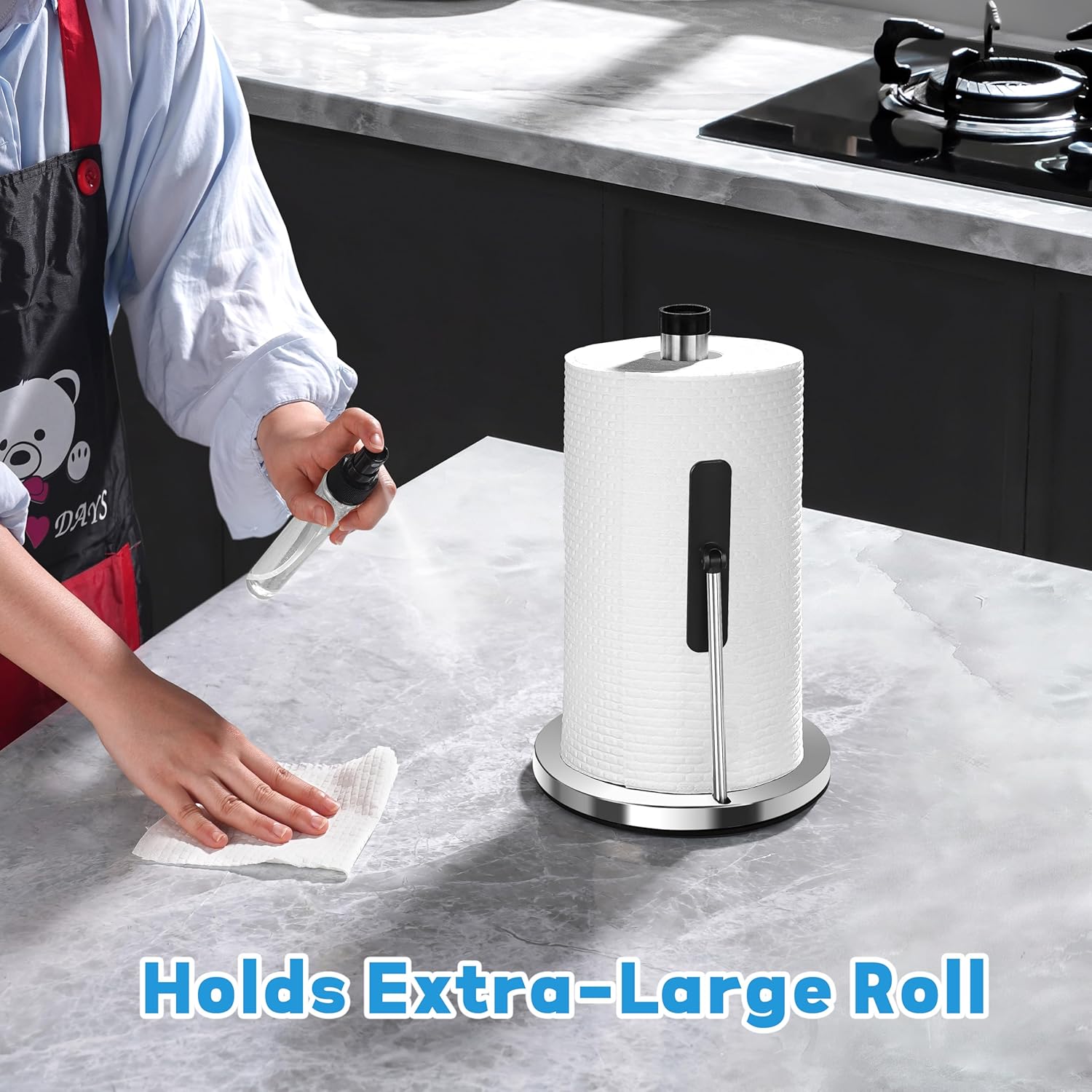 DAWNER Standing Paper Towel Holder with Spray Bottle, Weighted Base with Suction Cups, Paper Towel Stand with Spring-Loaded Arm for Kitchen, Countertop, Stainless Steel Brushed Nickel Finish