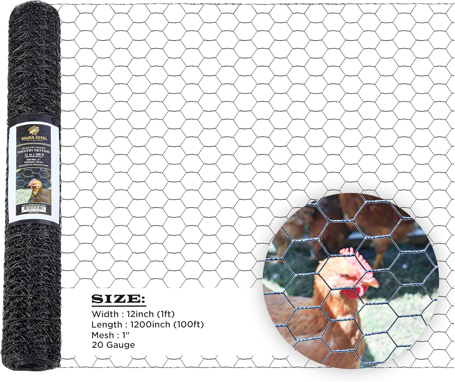 36” x 50 FT PVC Hexagonal Poultry Netting Chicken Wire | 1" Mesh | 20 Gauge | Black PVC Vinyl Coated | Rust Proof | for Garden, Fence, Chicken, Rabbit, Pet Enclosures