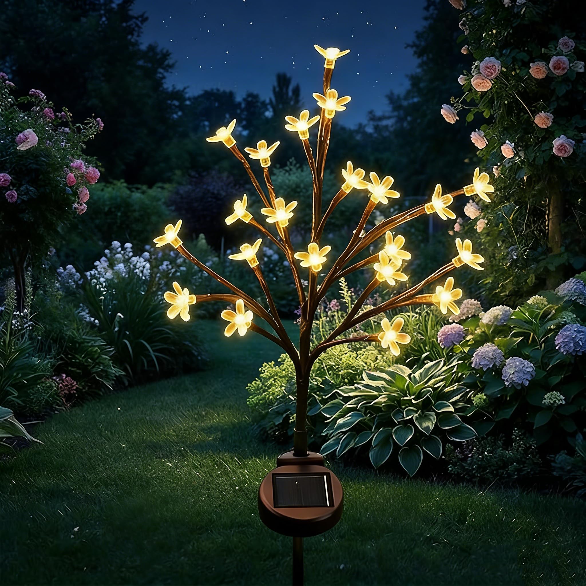 CECOMBINE Solar Lights Outdoor Garden Waterproof, Upgraded 20 LED Outdoor Cherry Blossom Lamp, IP65 Waterproof Outdoor Solar Swaying Flowers Lights for Lawn Yard Terrace Illumination Garden Ornaments