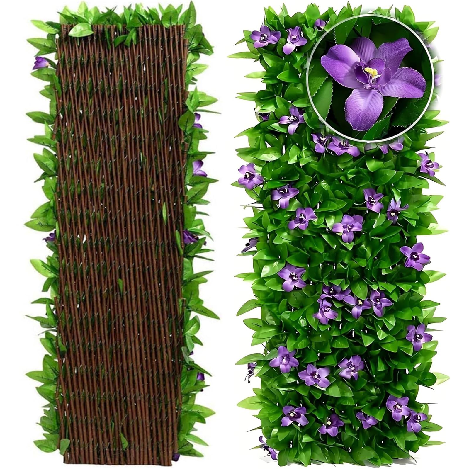 Vinclus Artificial Ivy Expandable Fence Screen–30×200cm Privacy Hedge Panel for Balcony,Patio&Garden|Decorative Faux Leaf Fencing with Purple Flowers|Indoor/Outdoor UV-Resistant,Weatherproof,1PCS
